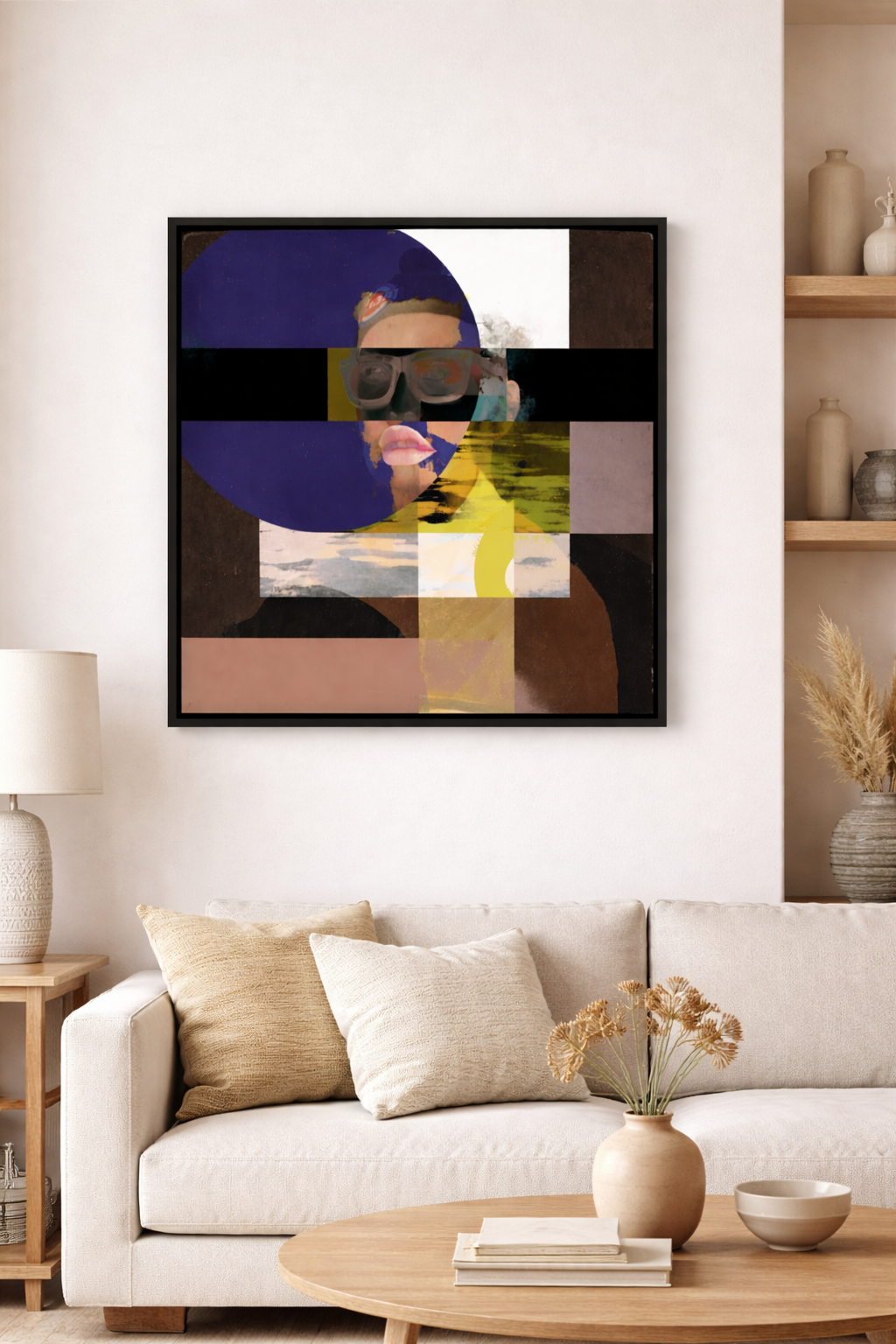 Custom made original artwork by Otto Lundbladh created from client photo, displayed as contemporary collage wall art in a modern living room