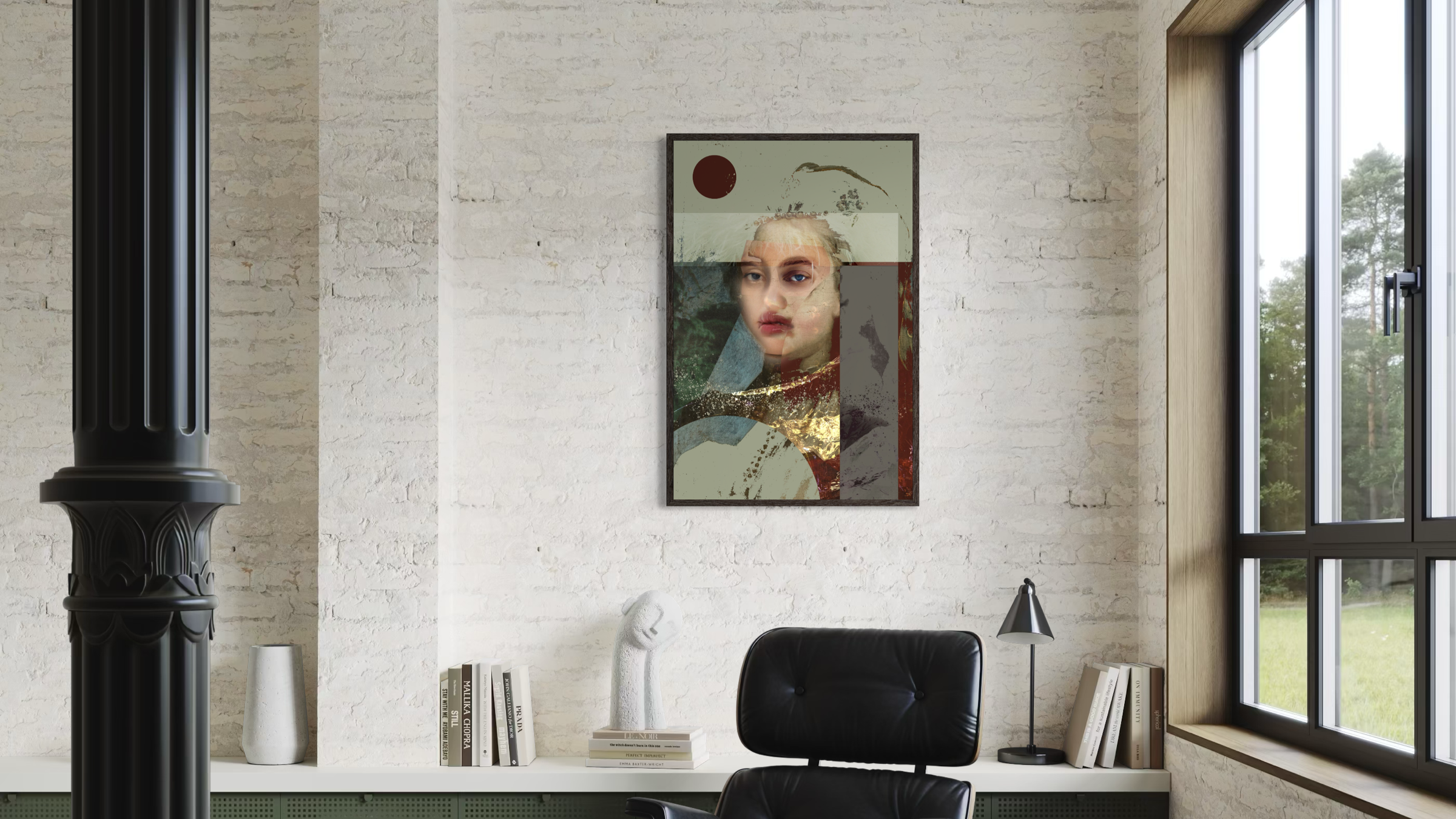 Crimson original fine art Giclée by Otto Lundbladh styled in a modern interior with textured stone wall and natural light