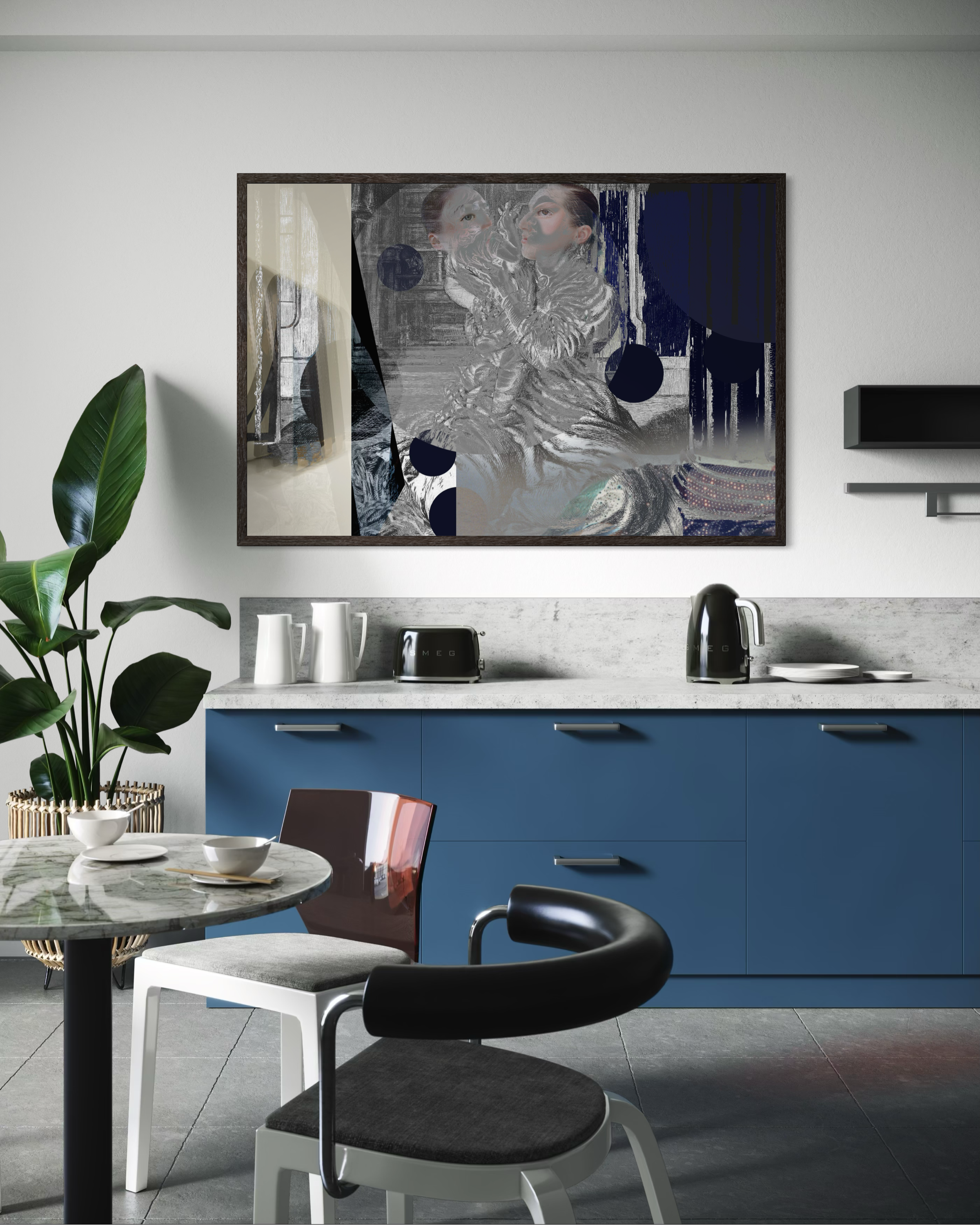Two Faced Giclée fine art print by Otto Lundbladh styled in a modern kitchen interior