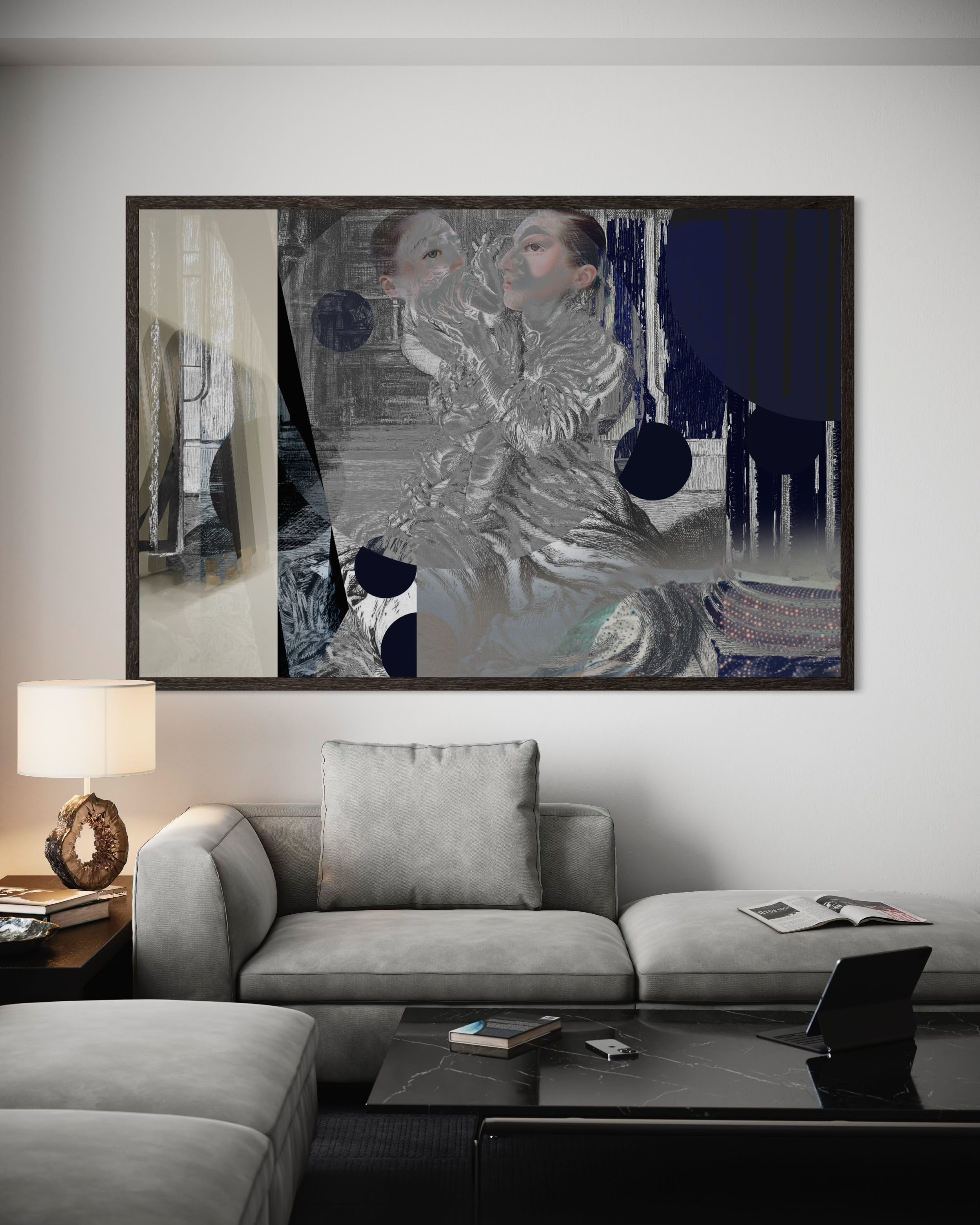 Two Faced Giclée fine art print by Otto Lundbladh displayed in a modern Scandinavian living room above a grey sofa