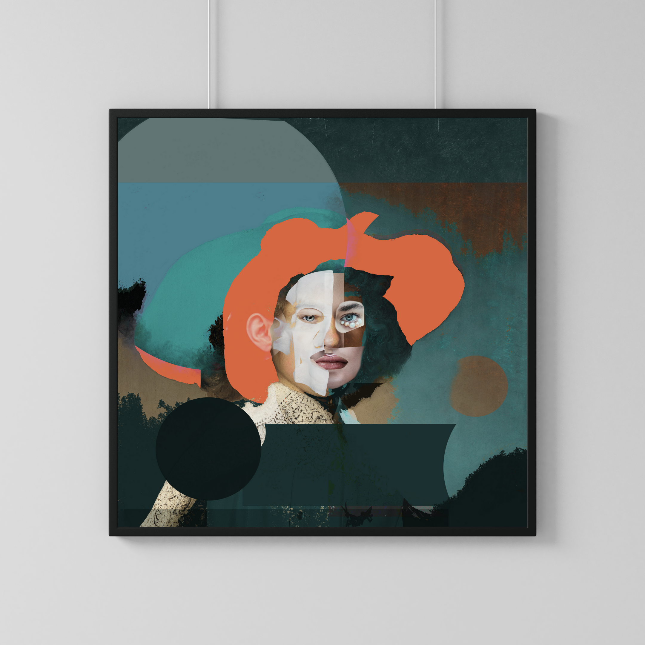 Abstract collage of a person's face with layered textures, surrounded by colorful shapes and dark background.