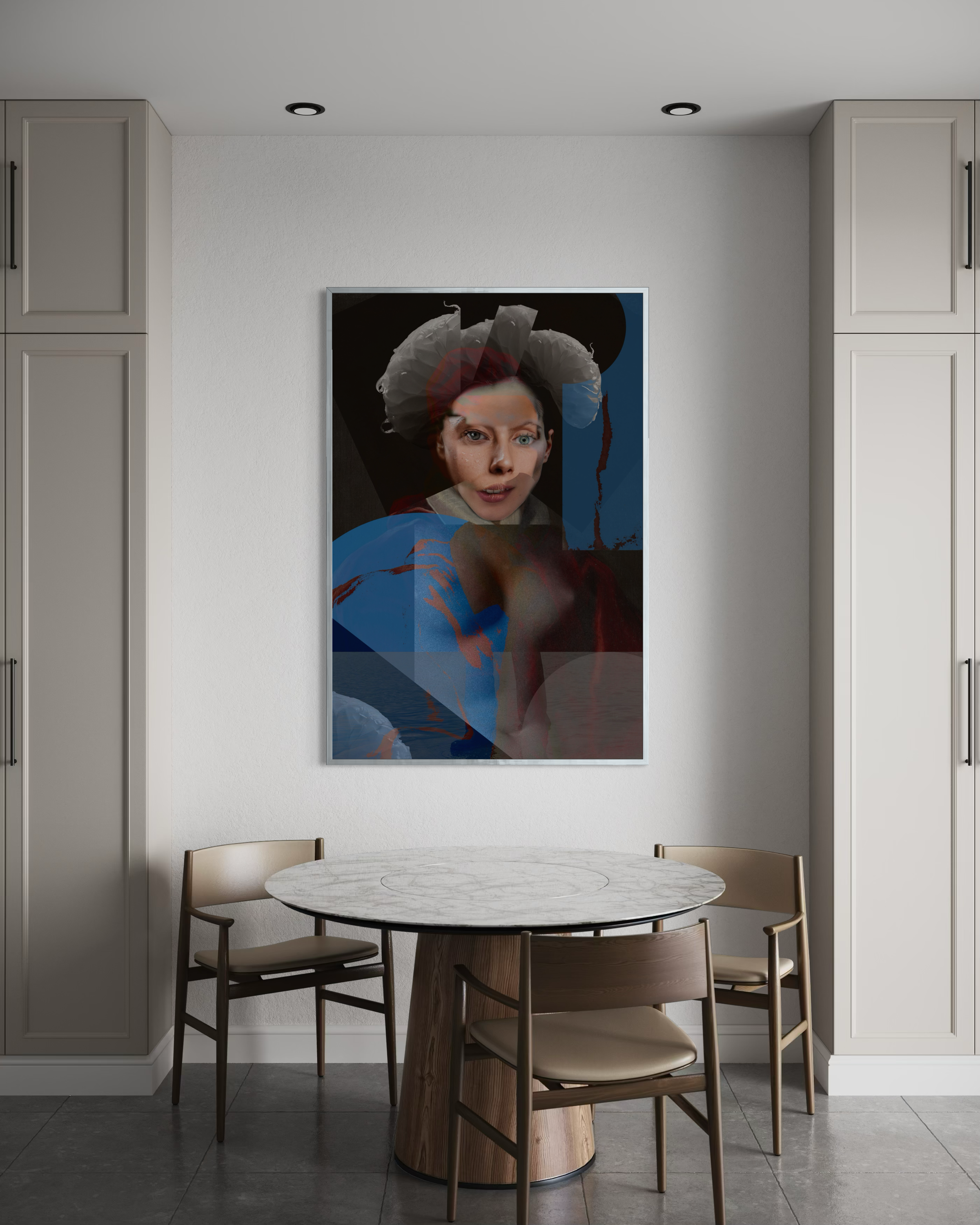 One of a kind original artwork by Otto Lundbladh displayed in a modern dining interior, featuring contemporary collage and layered composition