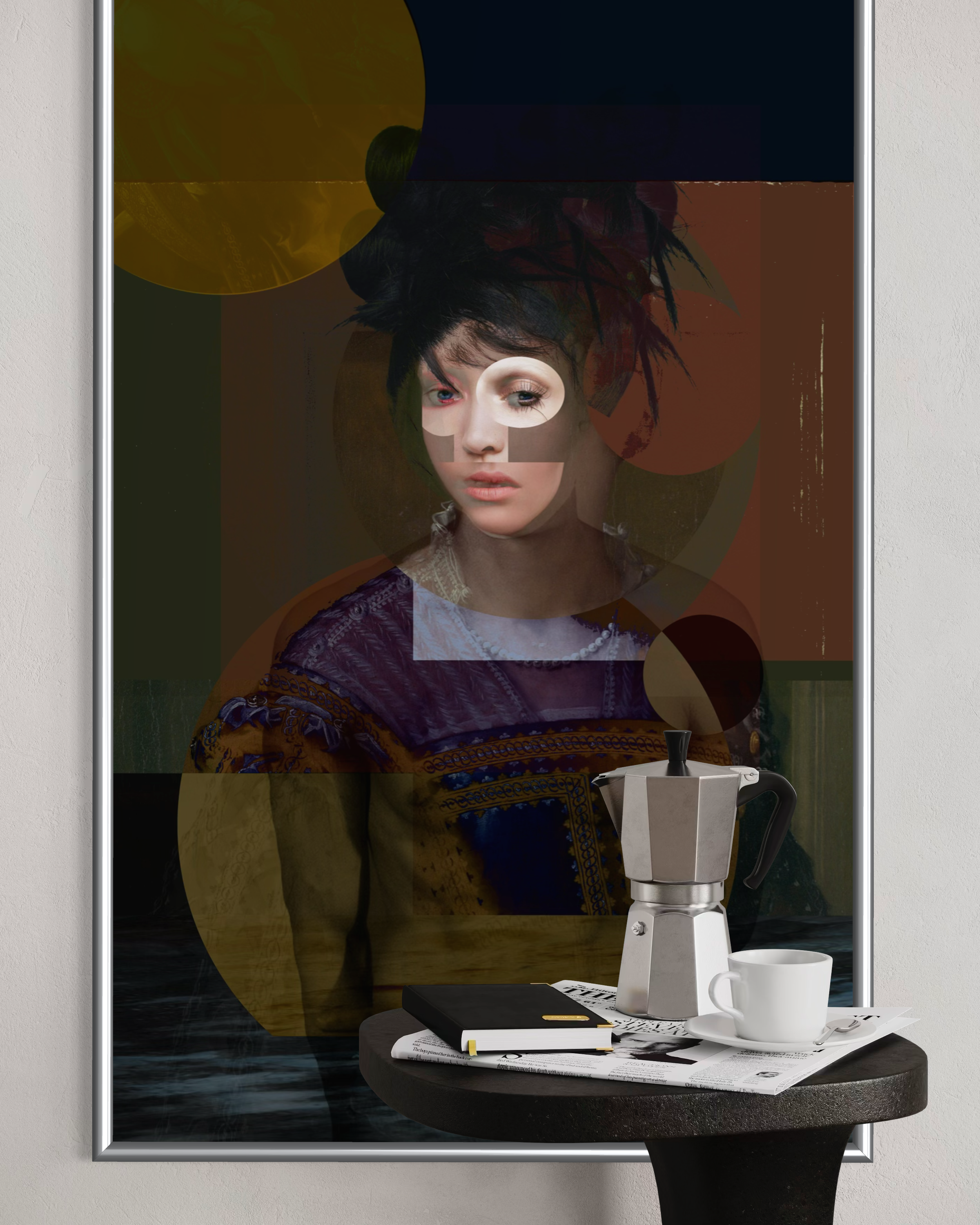 Framed Metamorphosis original Giclée artwork by Otto Lundbladh shown in a modern interior setting with foreground detail