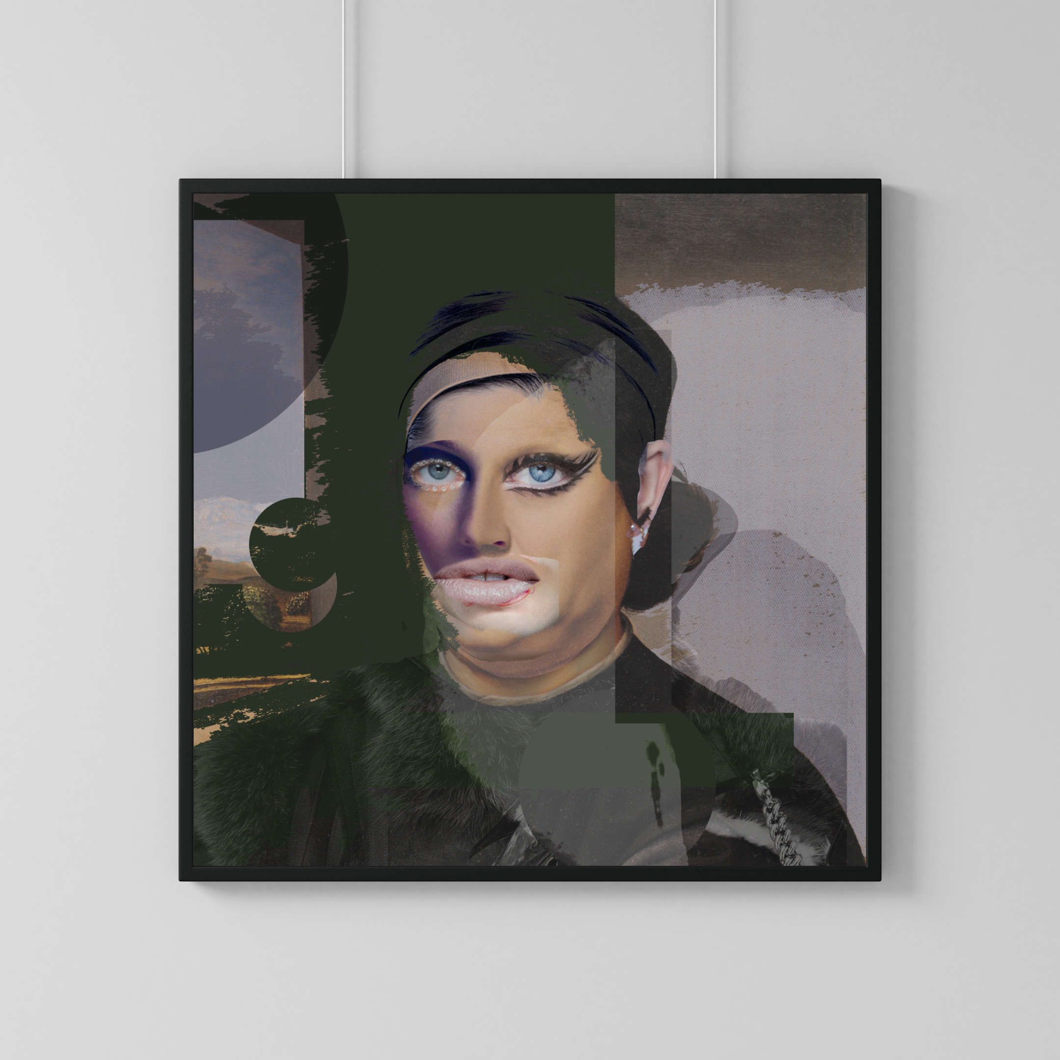 A framed digital artwork featuring a stylized portrait of a woman with makeup, earrings, and dark clothing, set against a background of abstract landscape elements and geometric shapes.