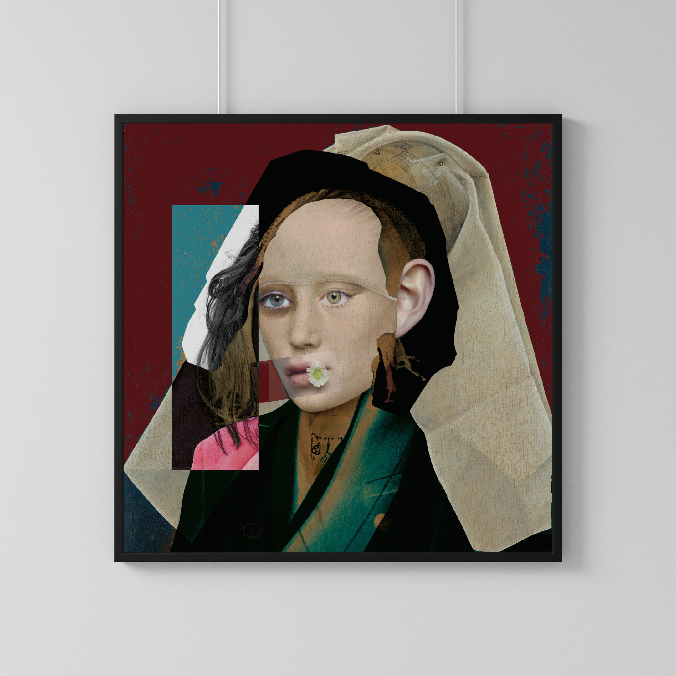 Mixed media artwork of a woman with green eyes, dark hair, and pale skin, wearing a black jacket, with collage and digital elements, a flower in her mouth, set against a red background.