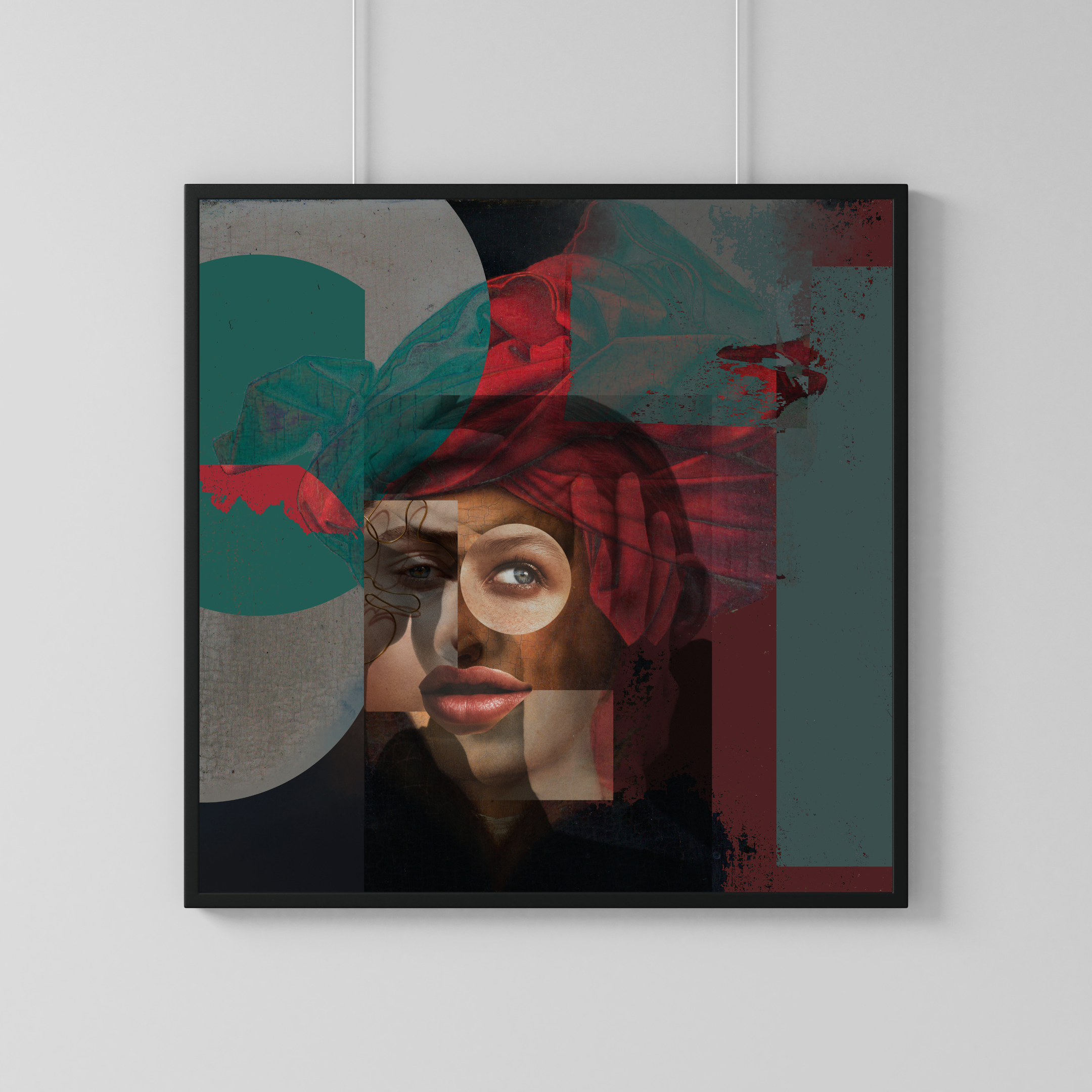Mixed media artwork featuring a woman's face with red headscarf, collage elements, abstract shapes, and textures.