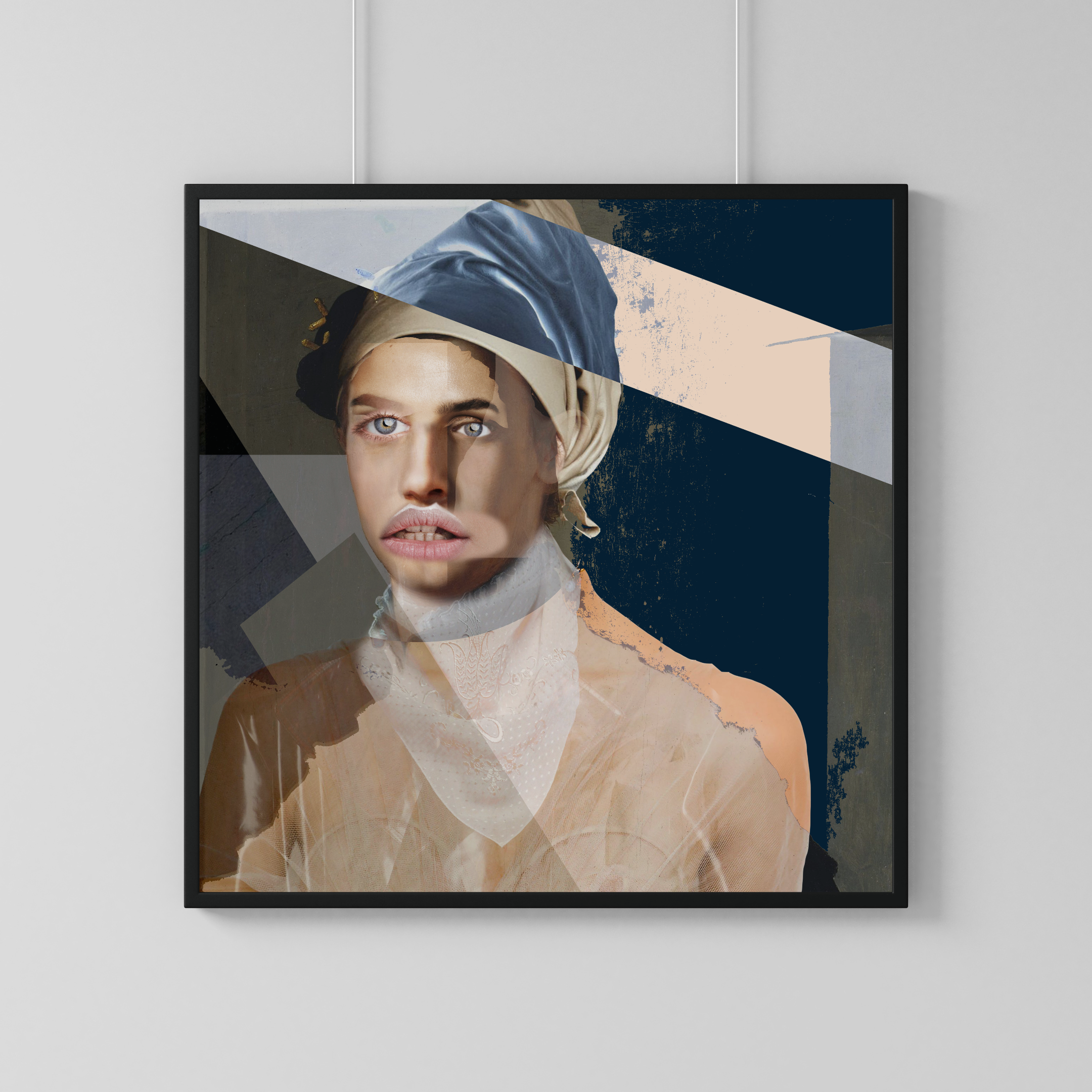 Abstract art portrait of a woman with headscarf, featuring layered colors and textures.