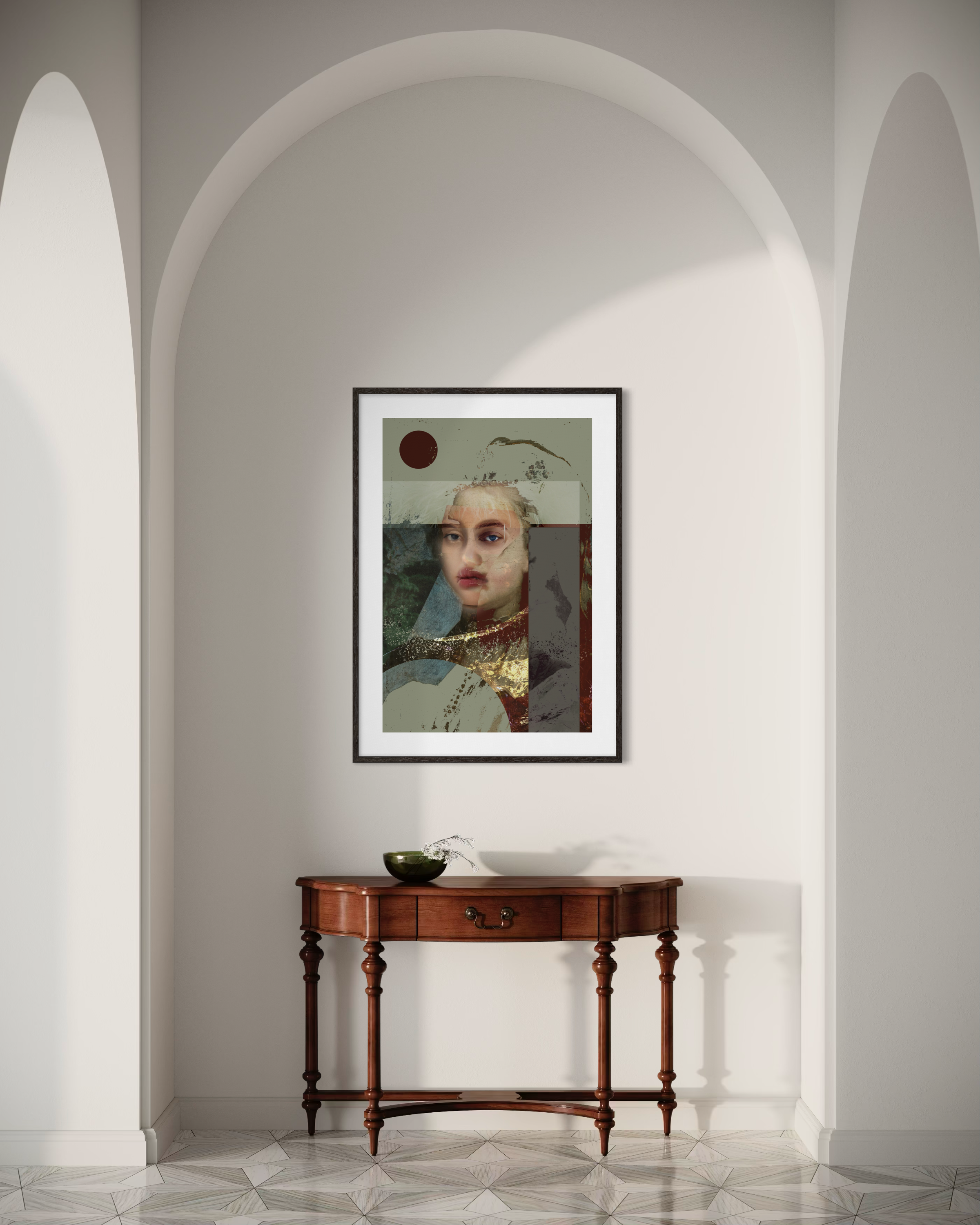 Crimson original Giclée artwork by Otto Lundbladh displayed as contemporary wall art above a wooden console table