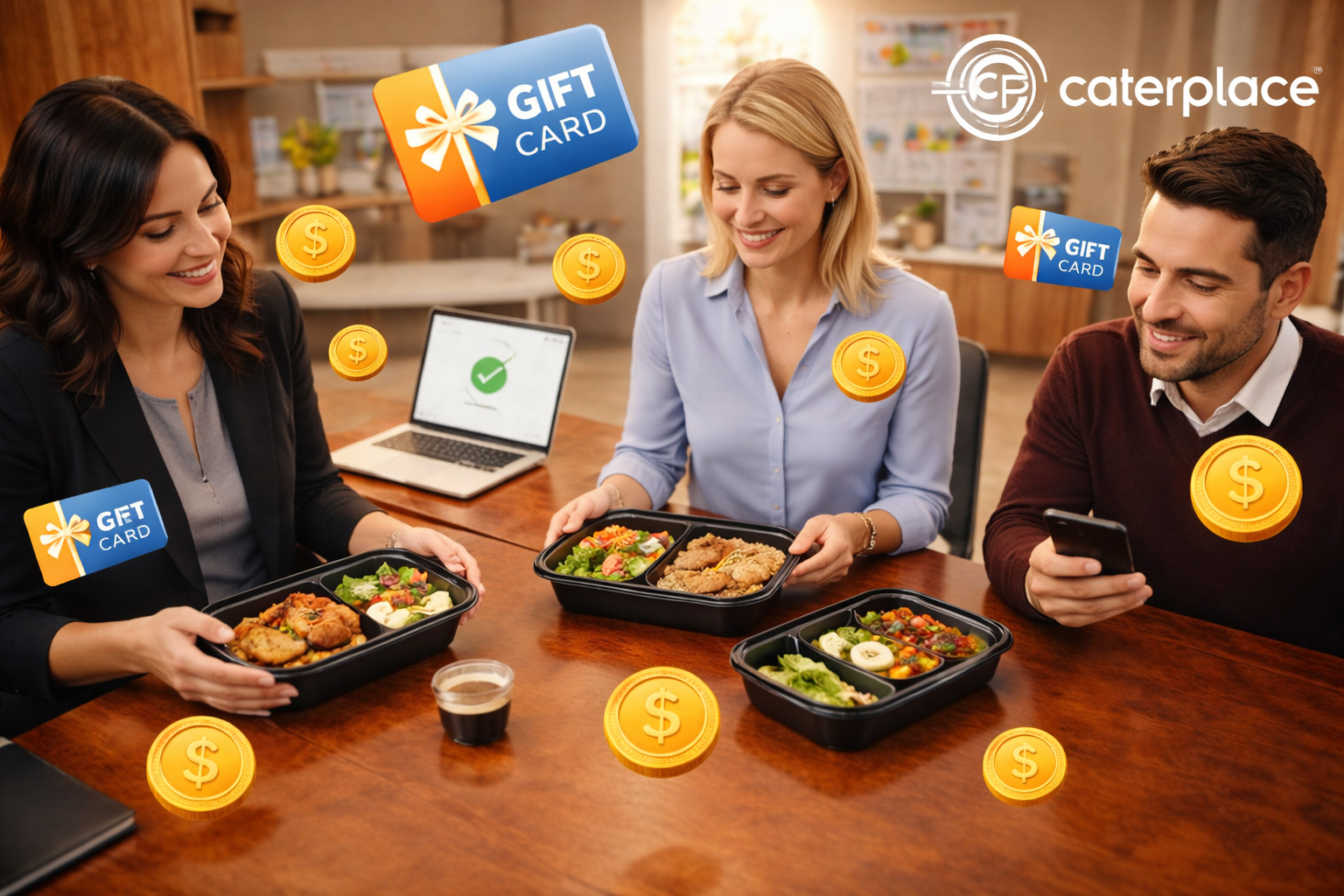 Corporate Luncheon aerial view with Caterplace Logo 