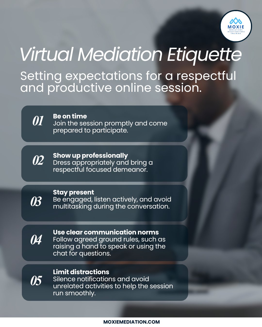 A productive virtual mediation session starts with clear expectations.⁠
⁠
When participants know how to show up, stay engaged, and communicate respectfully, the conversation has a stronger chance of moving forward with clarity and purpose.⁠
⁠
Need su