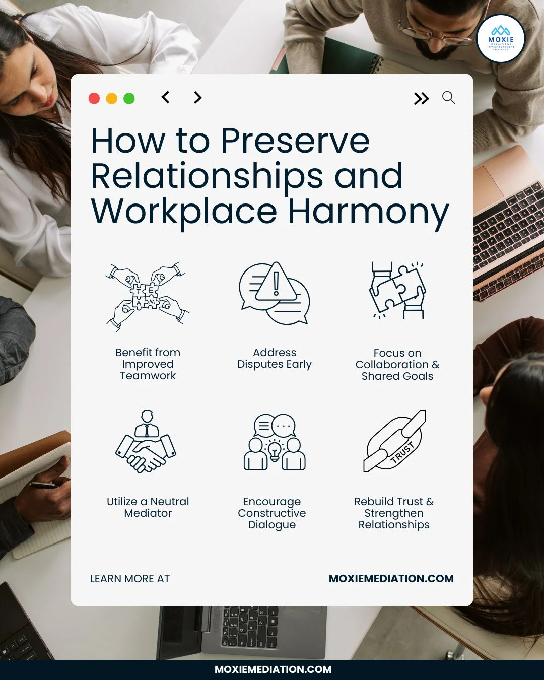 💬 Disputes at work? Don&rsquo;t let them damage valuable relationships! Early mediation helps preserve harmony by focusing on collaboration and shared goals. With the help of a neutral mediator, employees can clear misunderstandings, reset expectati
