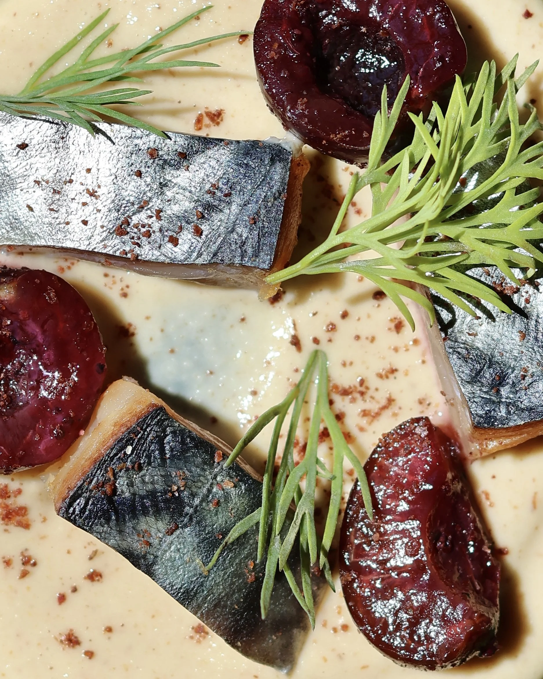 Une crème serve avec du saumon, des cerises séchées et des herbes fraîches.