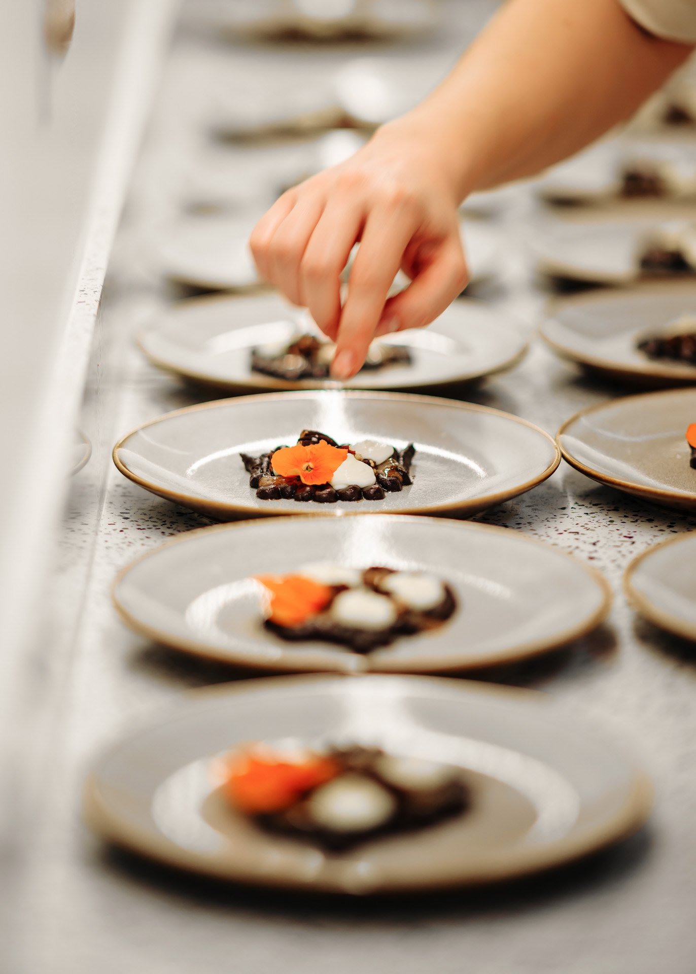 Une main décore des desserts sur des assiettes blanches avec une bordure dorée, en file indienne.