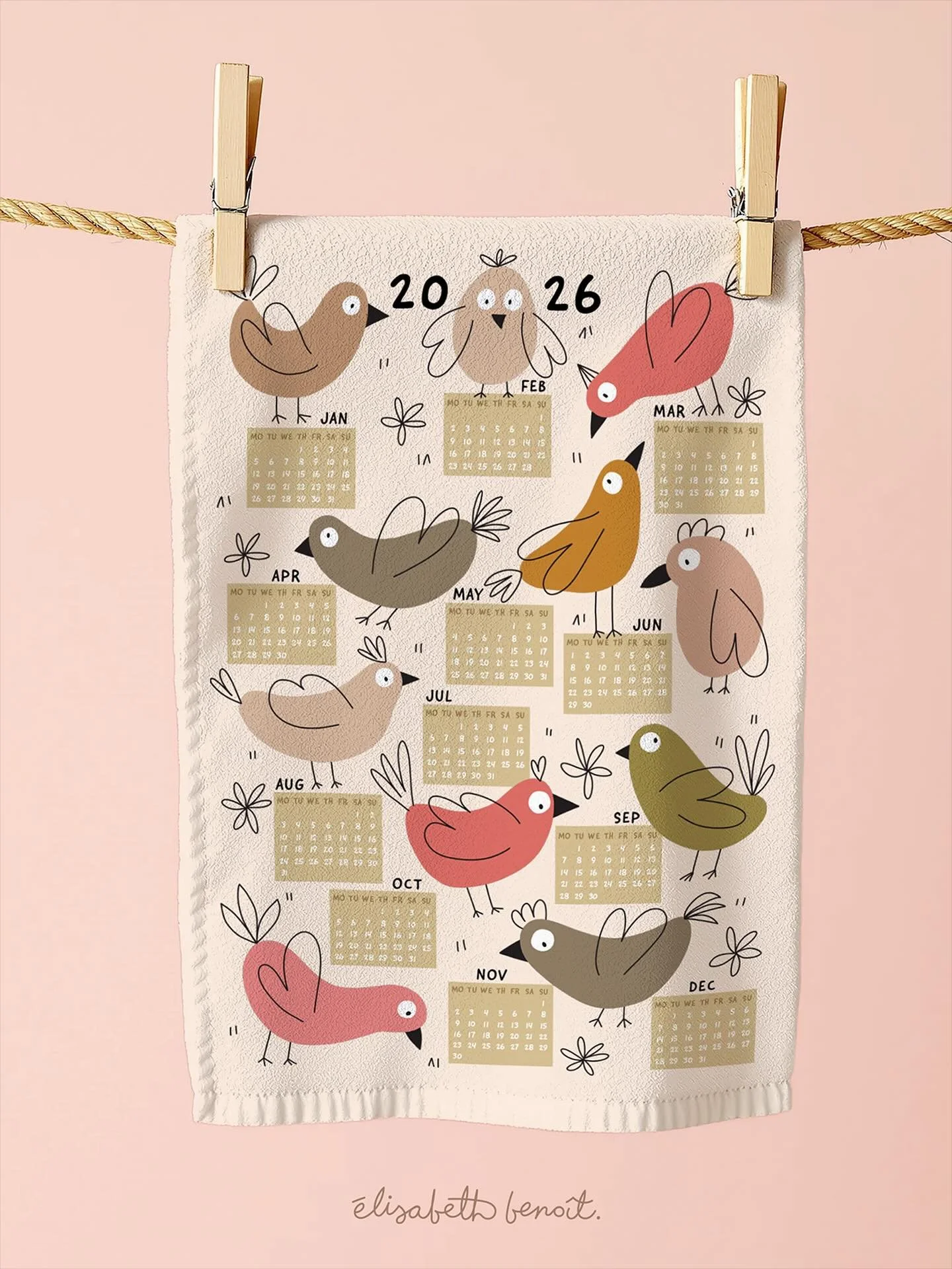 *English below*
🐦 My entry for the Spoonflower "2026 Tea Towel Calendars" challenge!

This calendar features pretty birds perched among flowers, in a soft and cheerful atmosphere to accompany you throughout