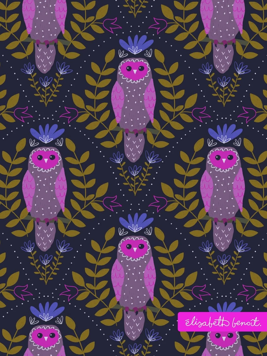 *English below*
Un hibou color&eacute; pour illuminer la nuit 🌙💜
Disponible pour licence et sur ma boutique Spoonflower.

***
A colorful owl to brighten up the night 🌙💜
Available for licensing and on my Spoonflower shop.

#illustration #motif #pa