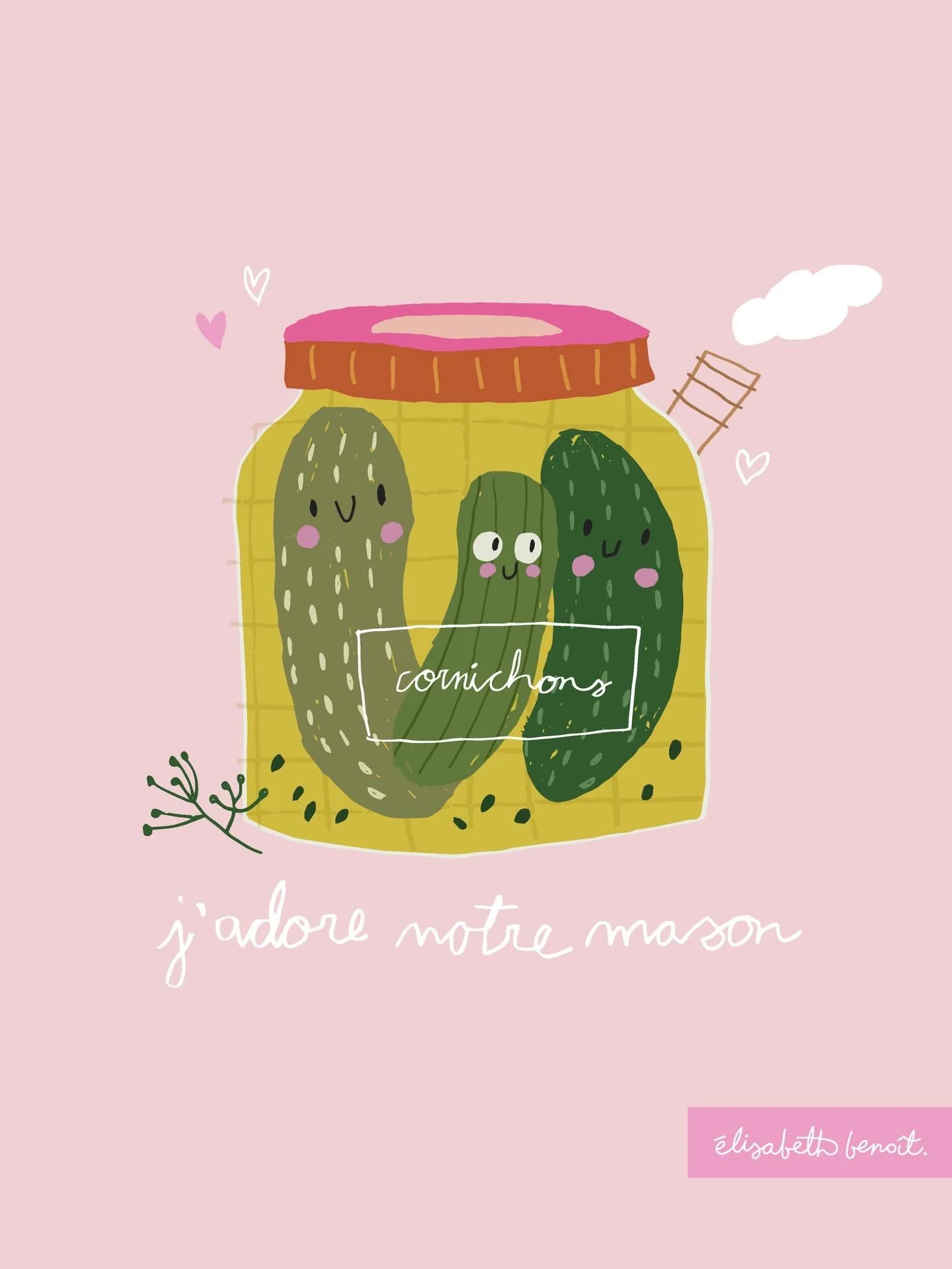 Des petits cornichons tout mignons dans leur Mason ! 😉🥒❤️

Une illustration qui sent la cuisine ensoleill&eacute;e, les recettes maison et les petits bonheurs de tous les jours.

Vous les imaginez o&ugrave; ? Sur une affiche, un carnet, un torchon?