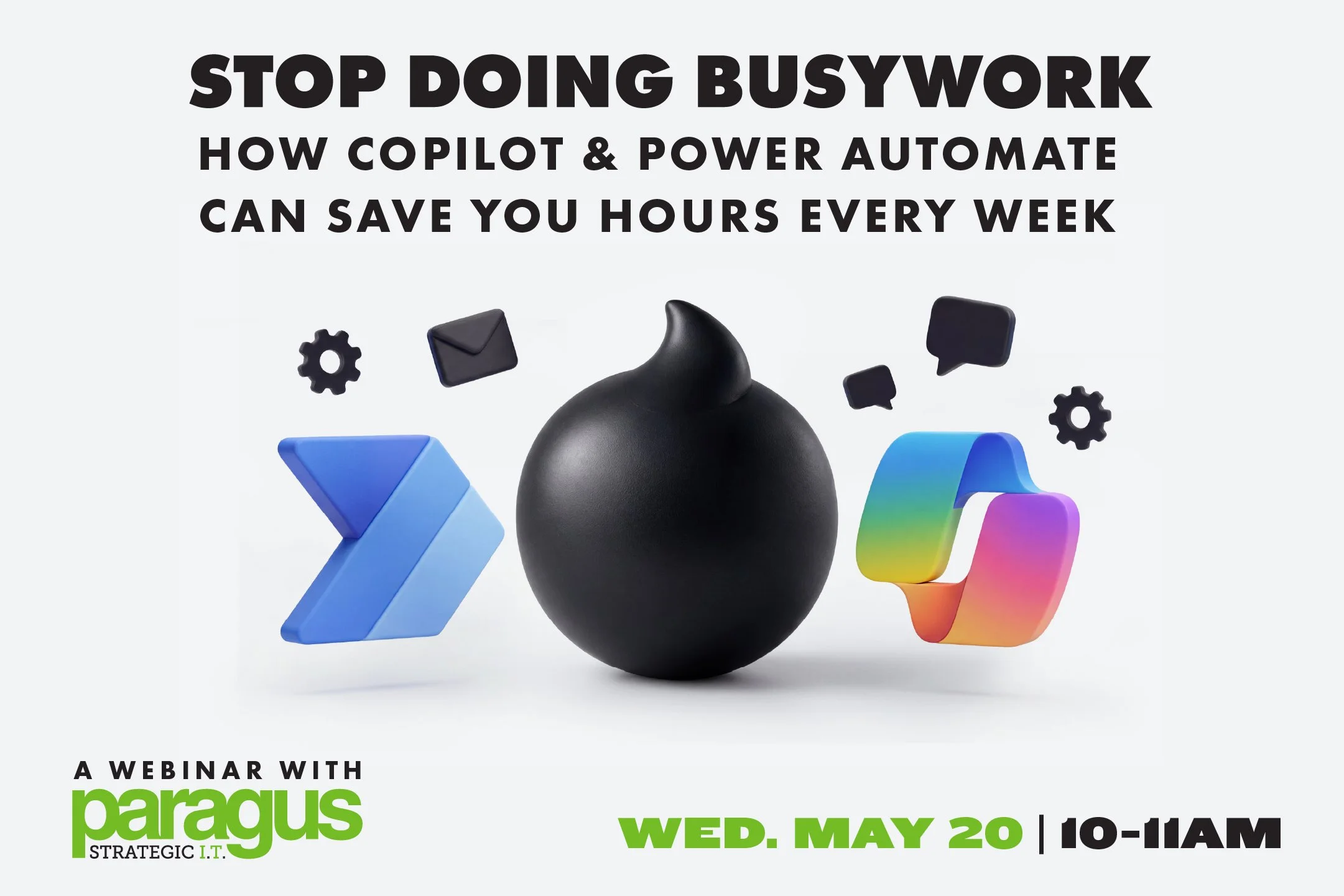 Stop Doing Busywork Headline, CoPilot logo, Power Automate Logo, Email logo