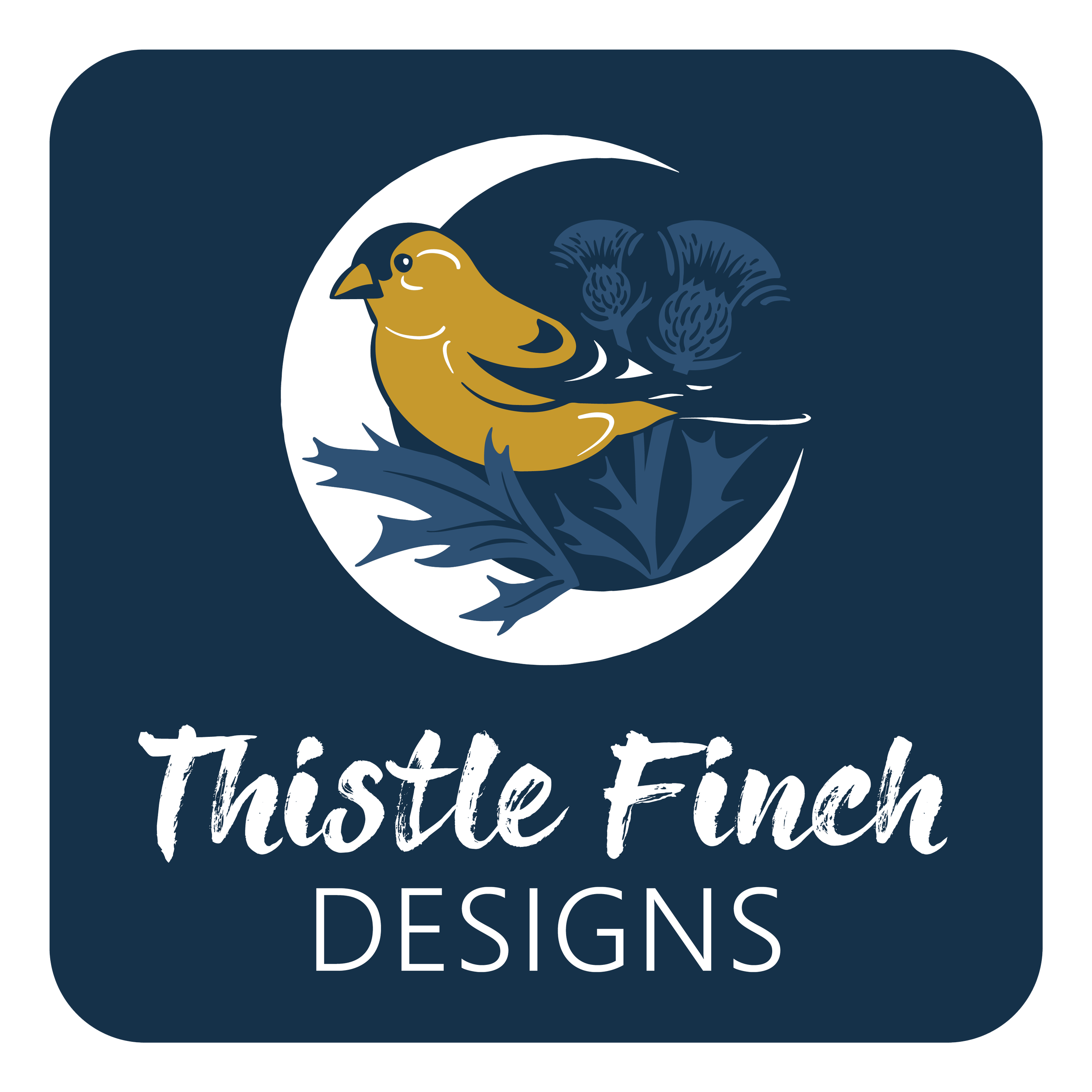 Thistle Finch Designs logo, a finch on a crescent moon with thistles