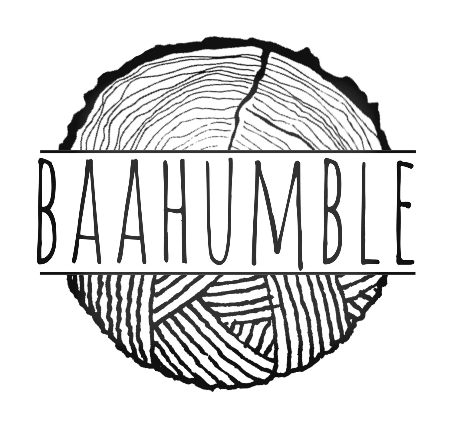 The BaaHumble logo, a circle with the top half an illustration of a log slice, and the bottom an illustration of a yarn ball.