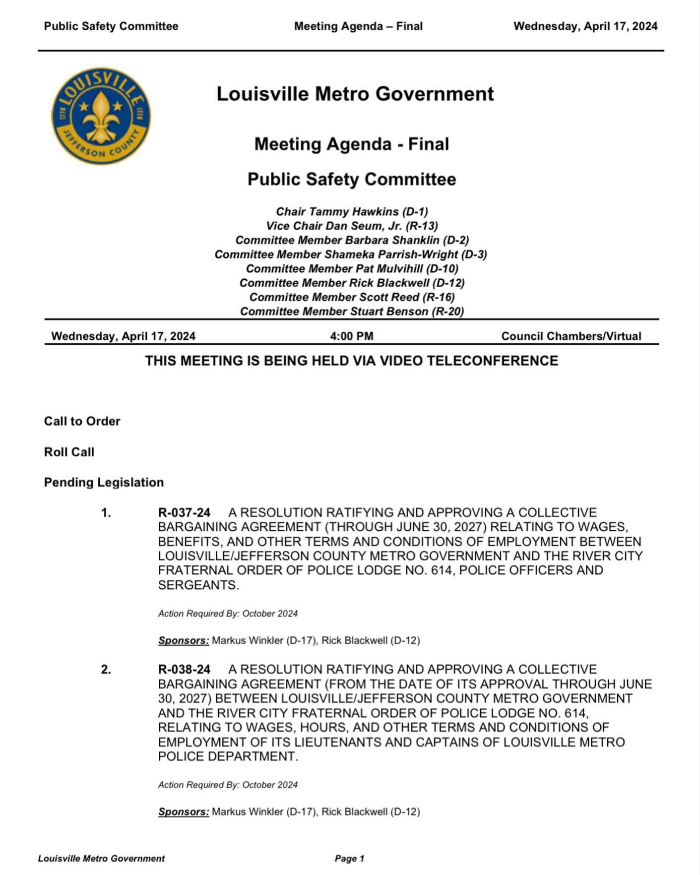 TODAY at 4 p.m. the Metro Council Public Safety Committee will take up the proposed collective bargaining agreements with the police union. Easy ways to watch: Louisville Metro Council&rsquo;s Facebook page or @LouisvilleMetroTV on YouTube.