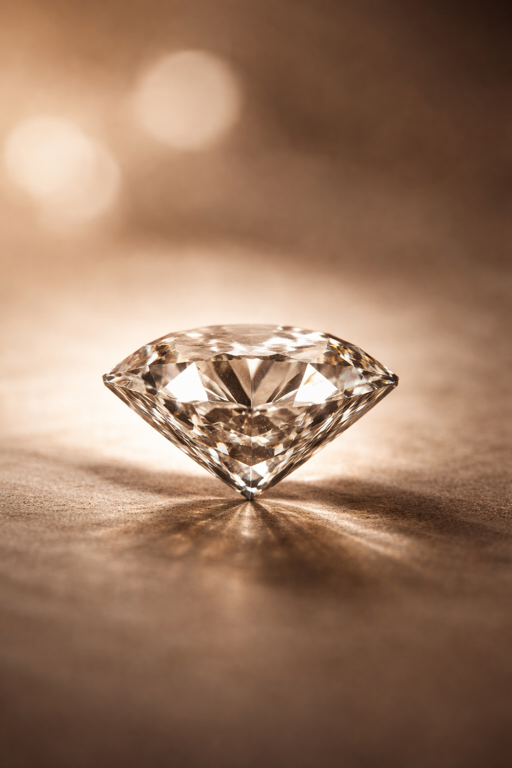 A close-up of a sparkling diamond resting on a textured surface, with soft, warm lighting and bokeh background.