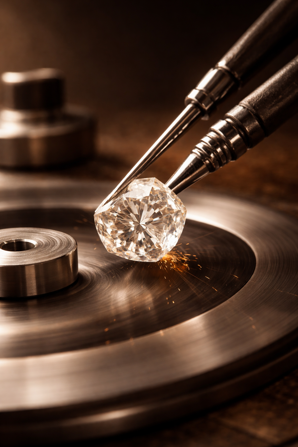 A diamond being cut and polished with the help of precision tools, sparks flying as the diamond is worked on.