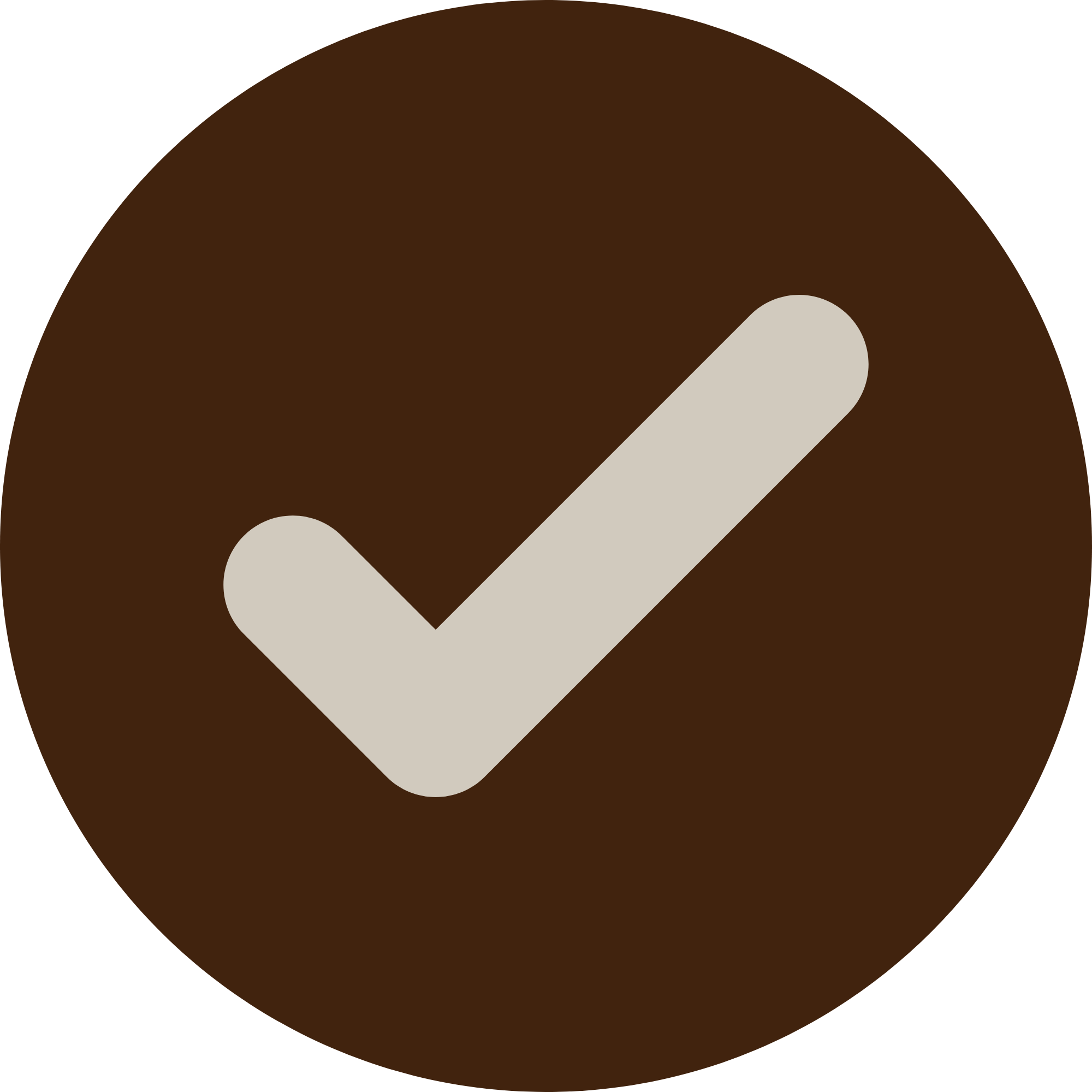 A large check mark symbol inside a brown circle.