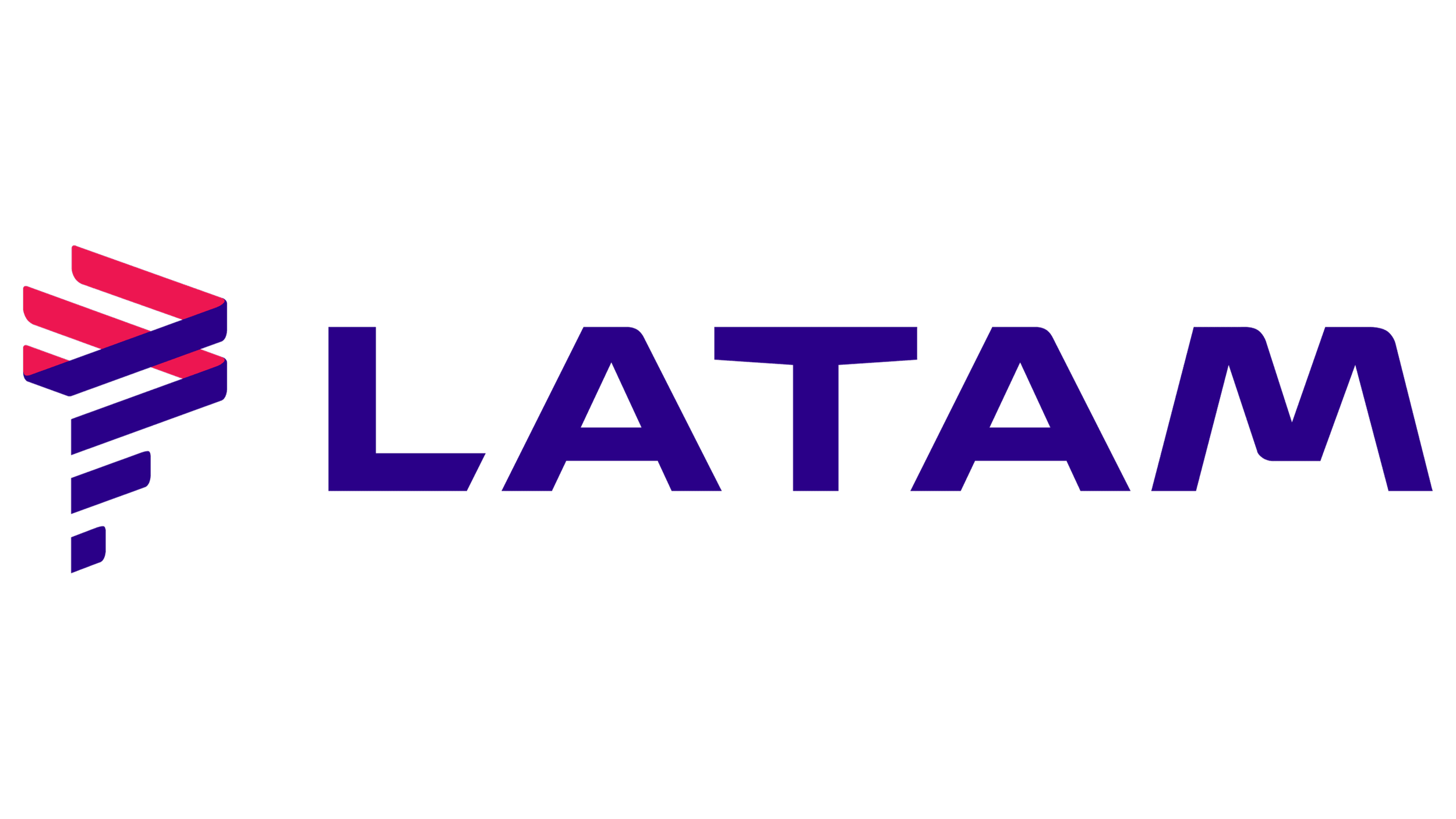 Latam Airlines logo, featuring a stylized ribbon symbol in red, pink, and blue, with the airline name in bold purple letters.