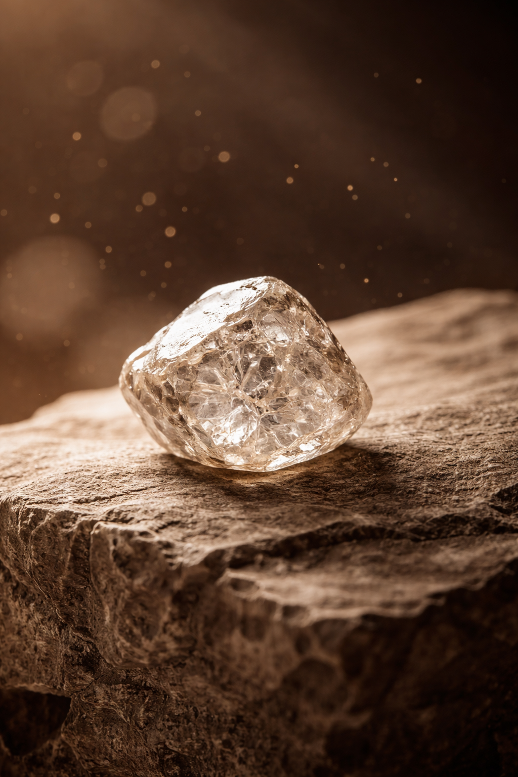 A close-up of a raw diamond resting on a textured wooden surface with a dark background and floating dust particles.