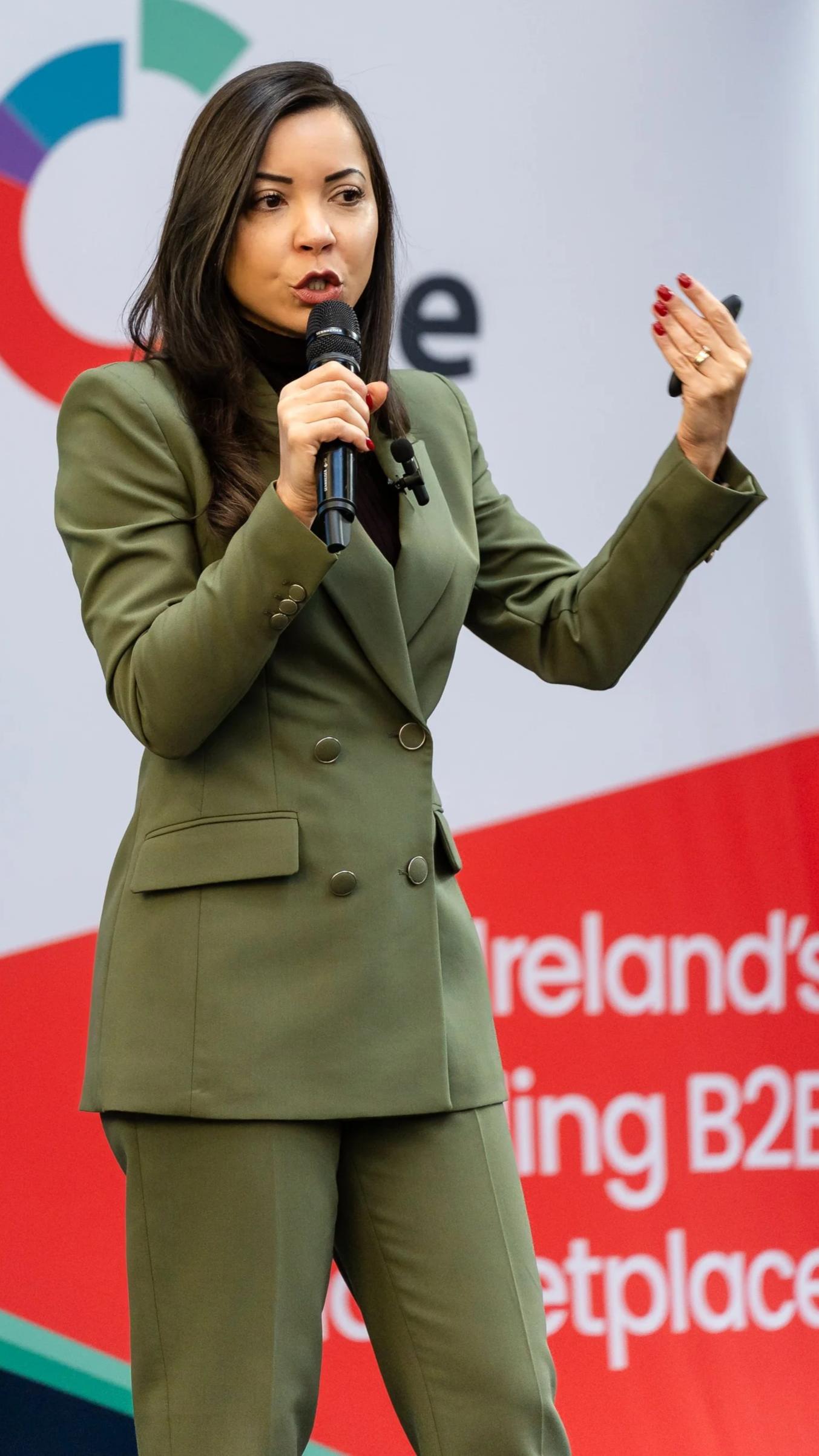 A woman in a green blazer and pants speaking into a microphone, standing in front of a colorful backdrop with text about Ireland and Brexit.
