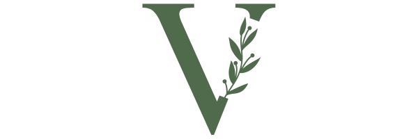 green letter v with vine of leaves and berries
