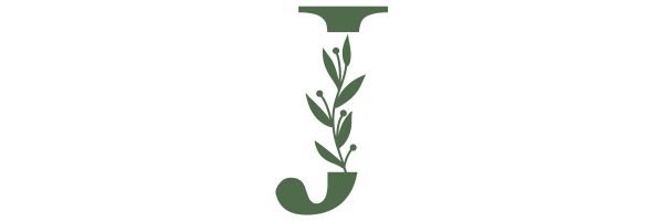 Dark sage green capital J with leaves and berries