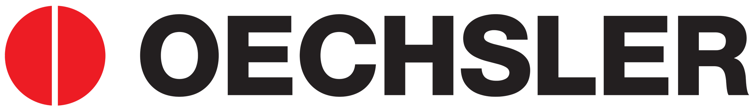 Logotipo de Oechsler, con símbolo rojo y nombre en letras negras.