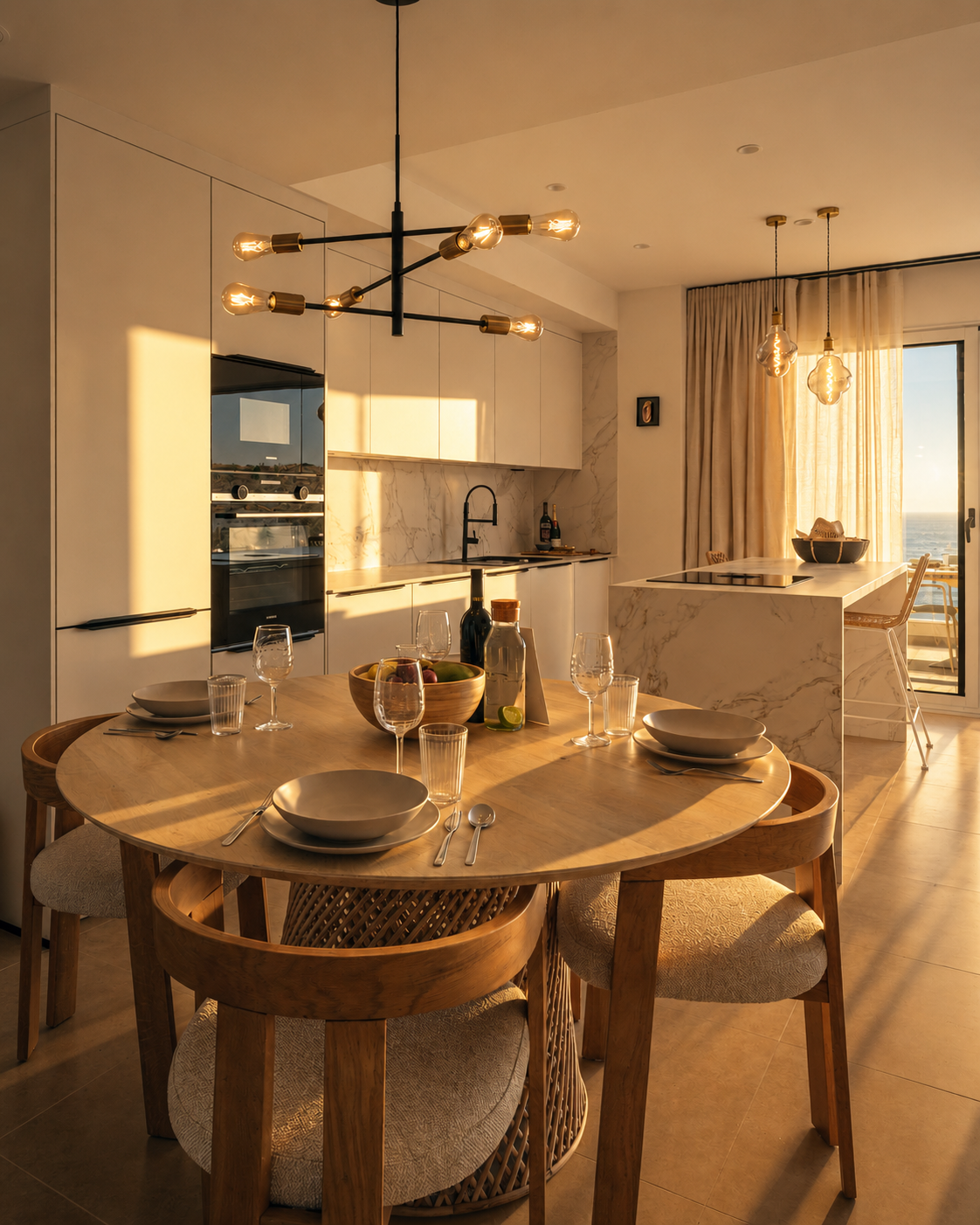 Cocina moderna con mesa redonda de madera, platos, vasos y cubiertos, y lámparas colgantes, con vista al sol y cortinas en el fondo.