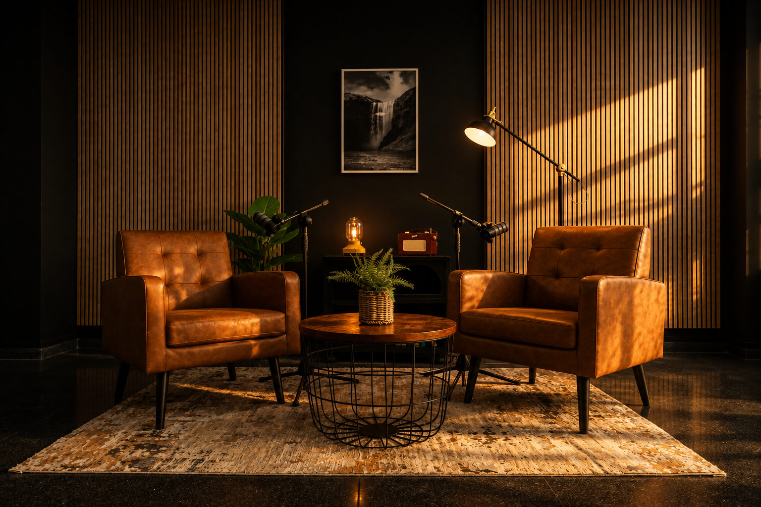 Set de sala de estar con dos sillones de cuero marrón, mesa redonda de madera, plantas y lámparas, en una habitación con paredes de madera y una alfombra de patrón irregular.
