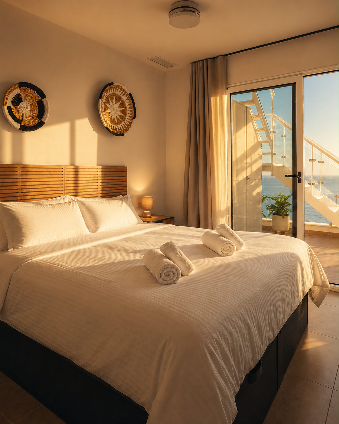 Habitación de hotel con cama doble, sábanas blancas y toallas enrolladas, decorada con arte tribal en la pared y cortinas beiges, con vista a la piscina y el océano desde la terraza.