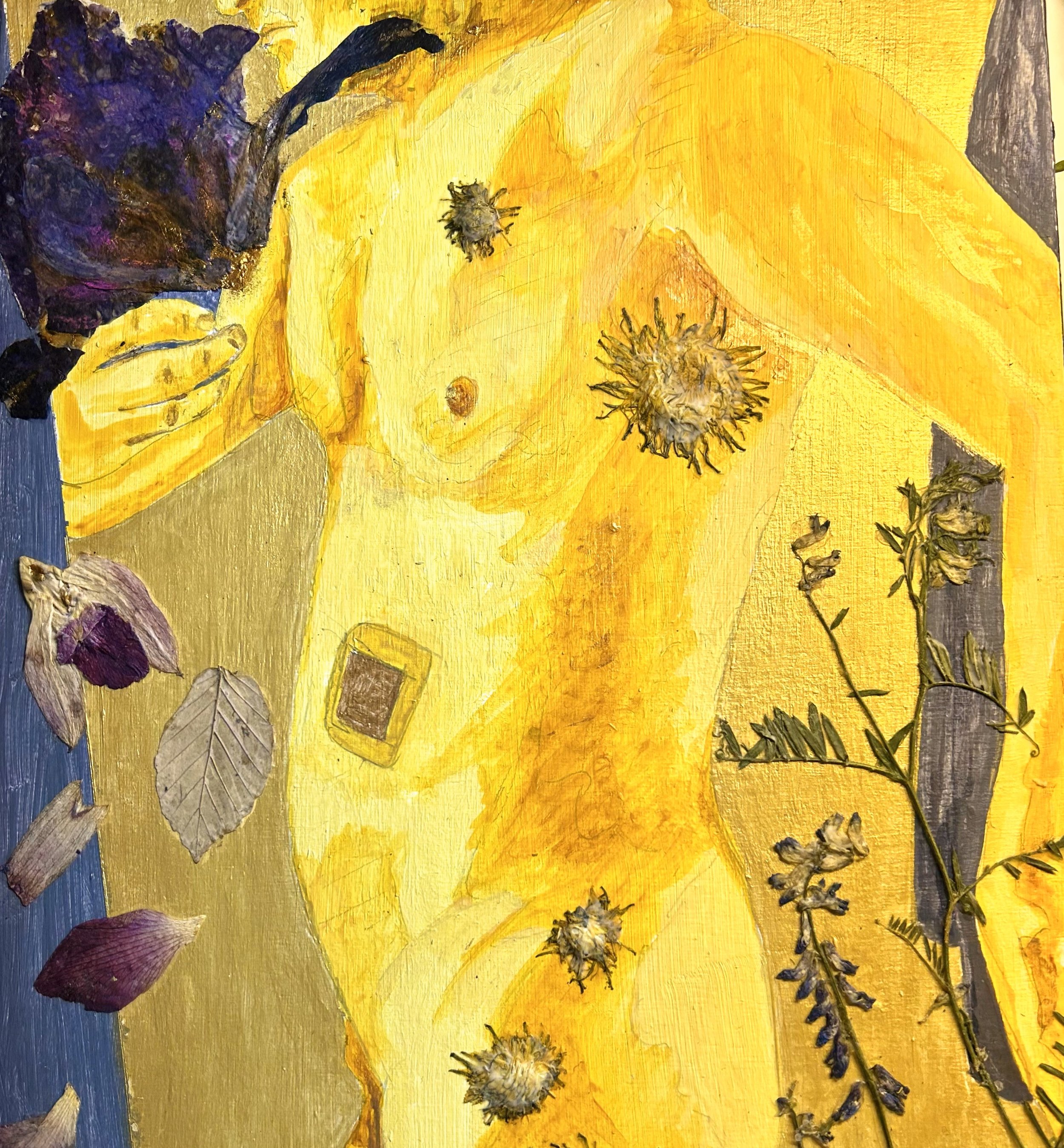 Dandelion Skin • Dried Specimens, India Ink, Chalk, Acrylic on Wood • 9x12 inches (not for sale)