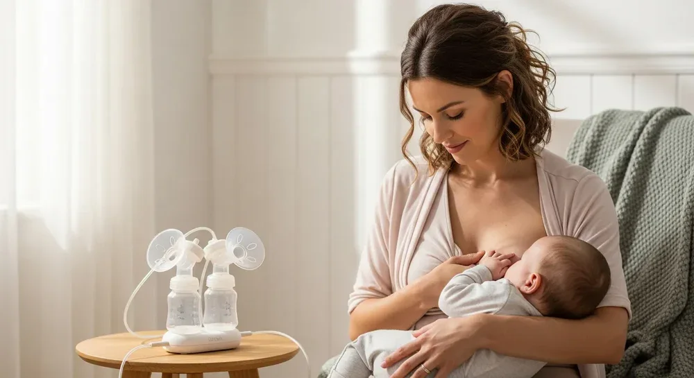 Woman feeding baby next to breast pump