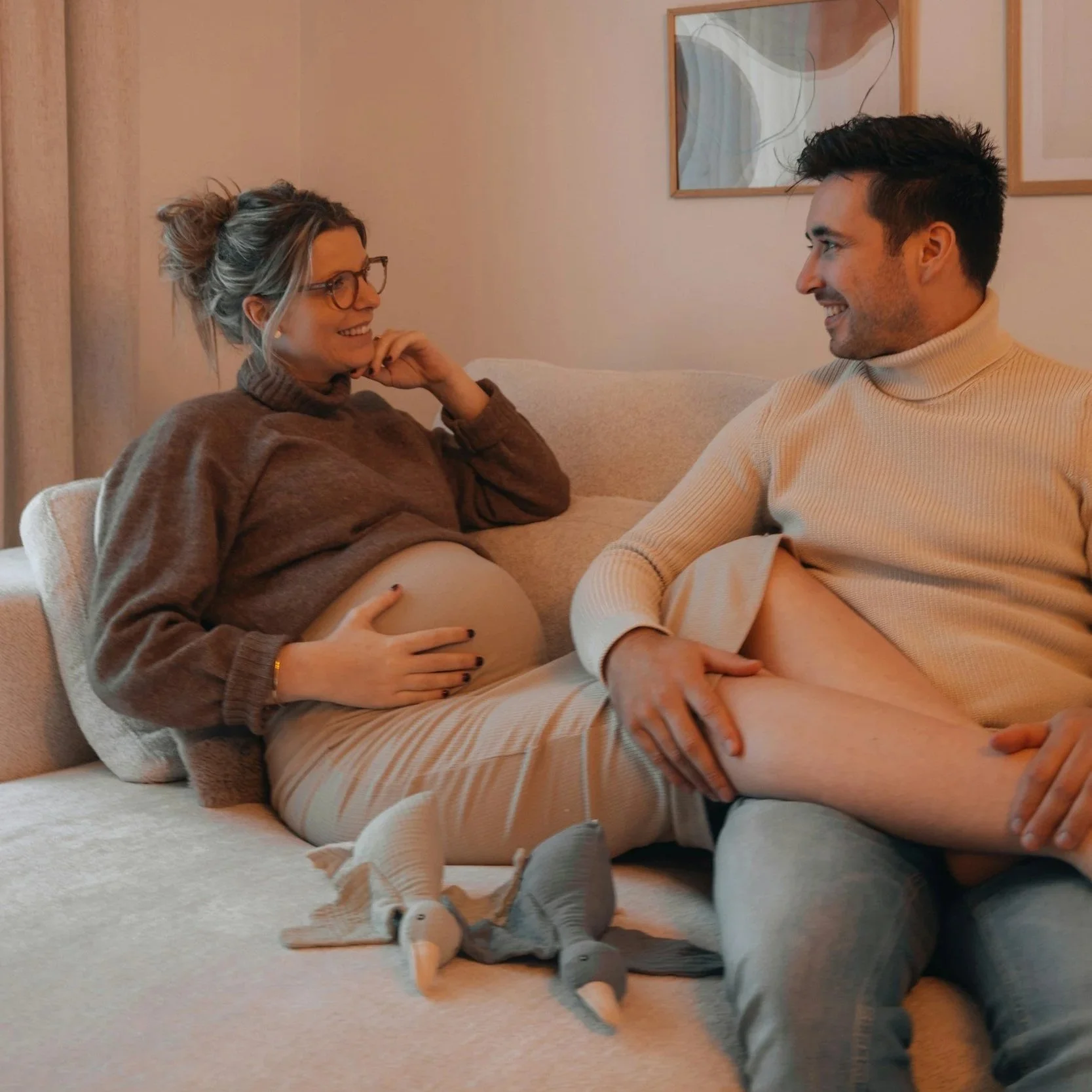 Pregnant wife is talking with partner.