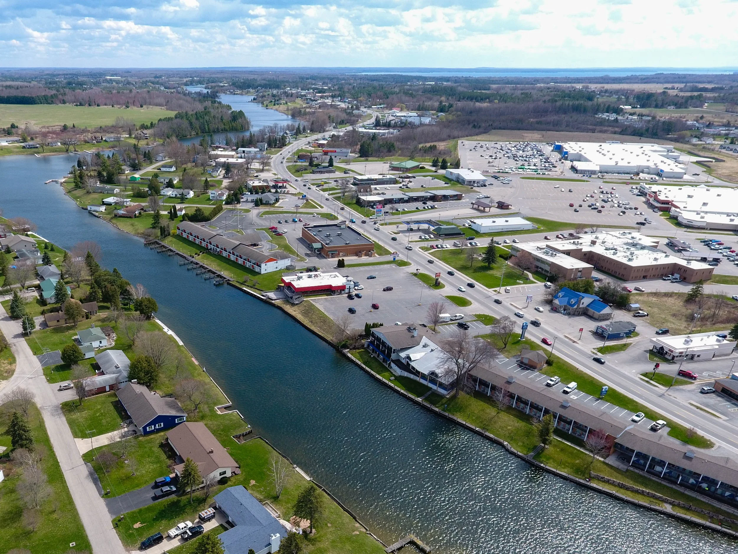 drone photo of cheboygan mi along the cheboygan river part of the inland waterway