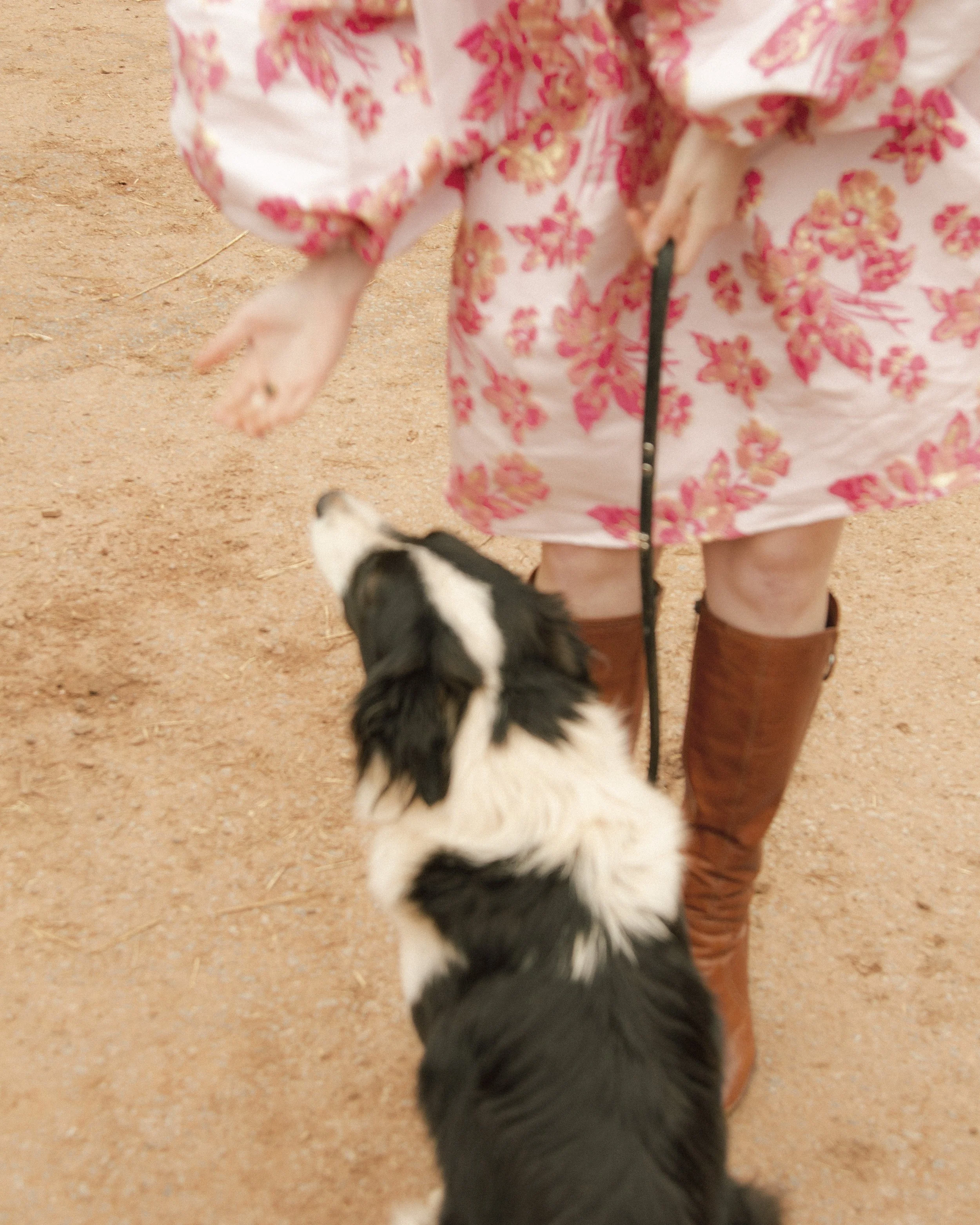 Person wearing a floral dress and brown boots walking a black and white dog on a leash on a dirt path.