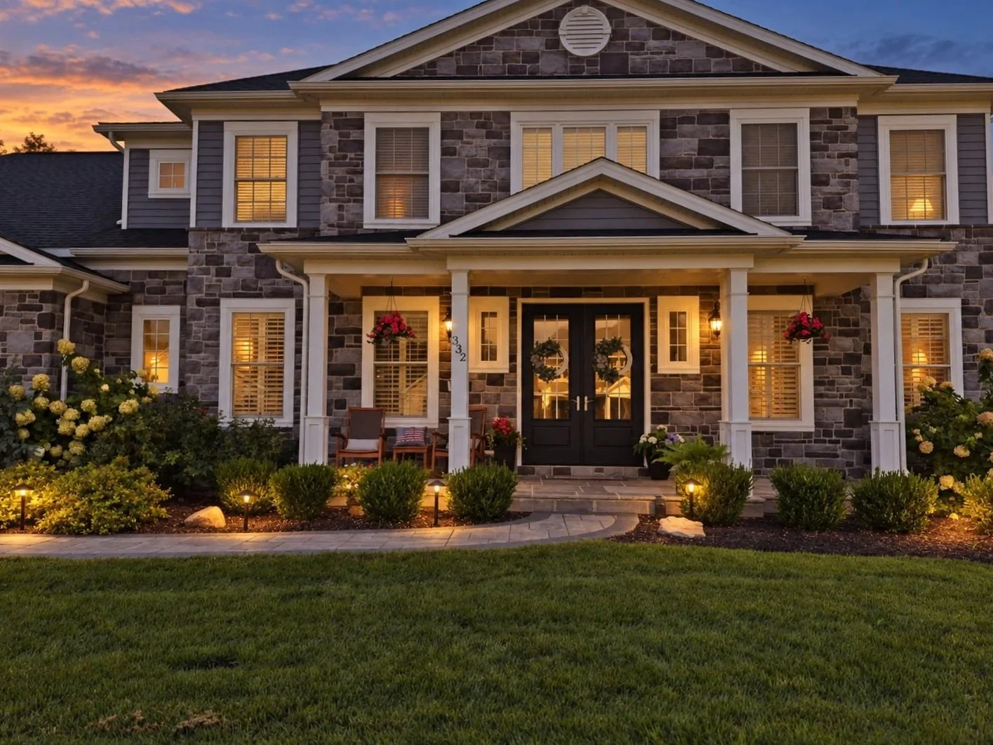Front yard landscape illuminated at golden hour