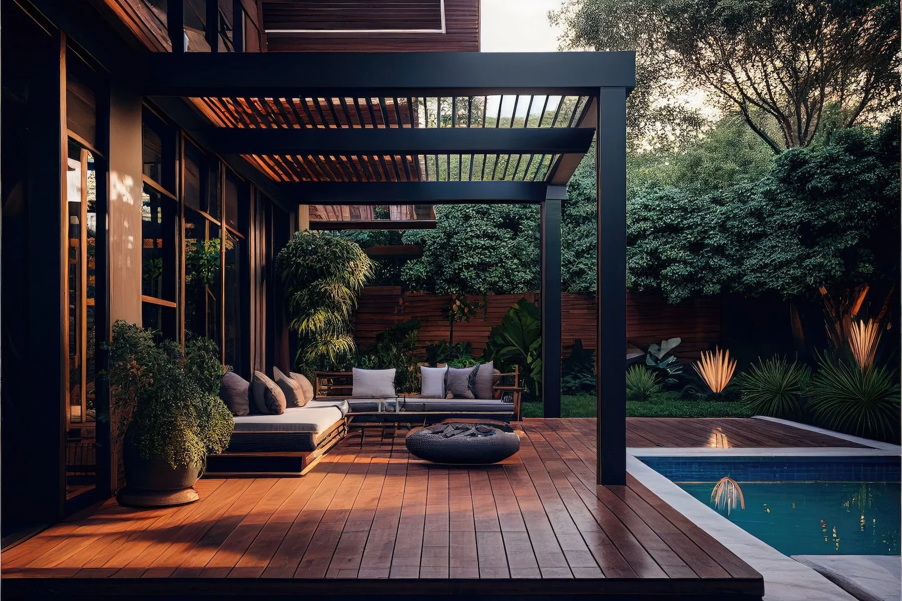 Black louvered pergola over brown decking and inground pool