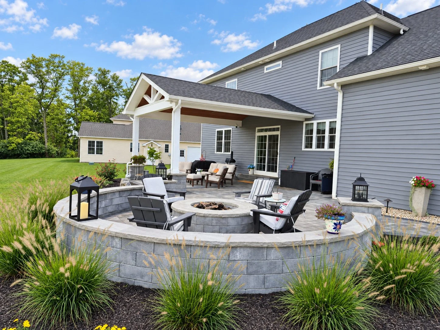 Stone fire pit patio with circular outdoor seating area