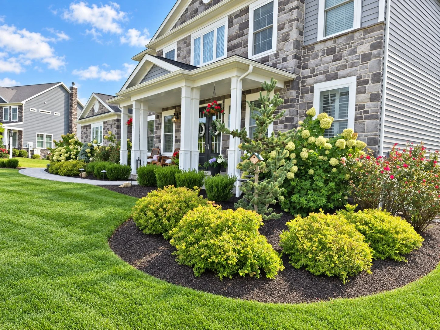 Front garden landscaping with shrubs and ornamental plantings