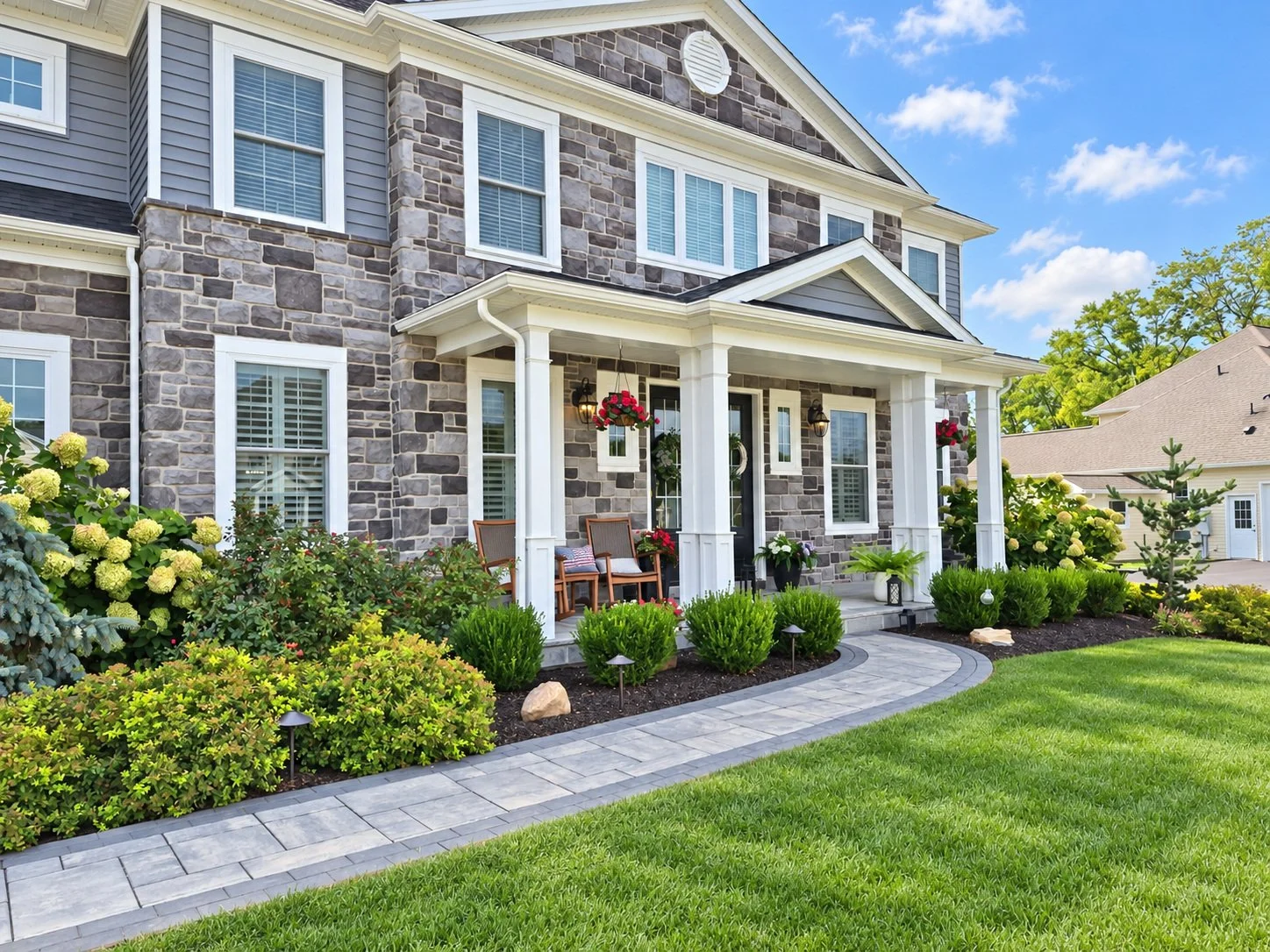 Front yard landscaping with walkway and layered plantings