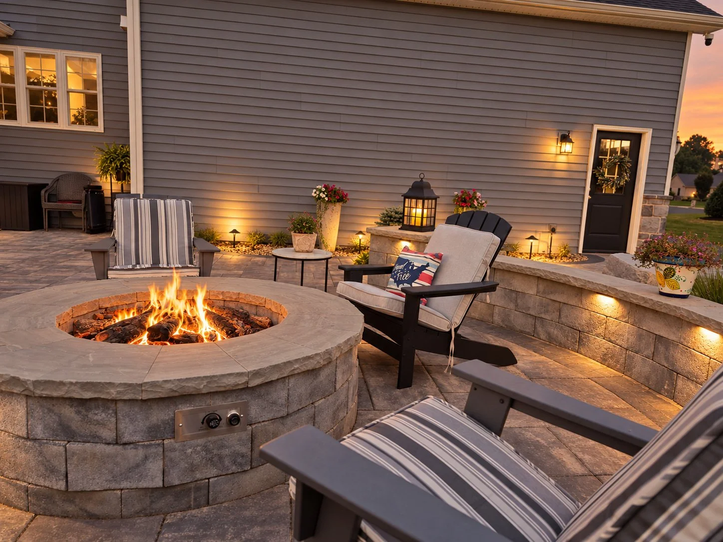 Outdoor fire pit seating area at golden hour