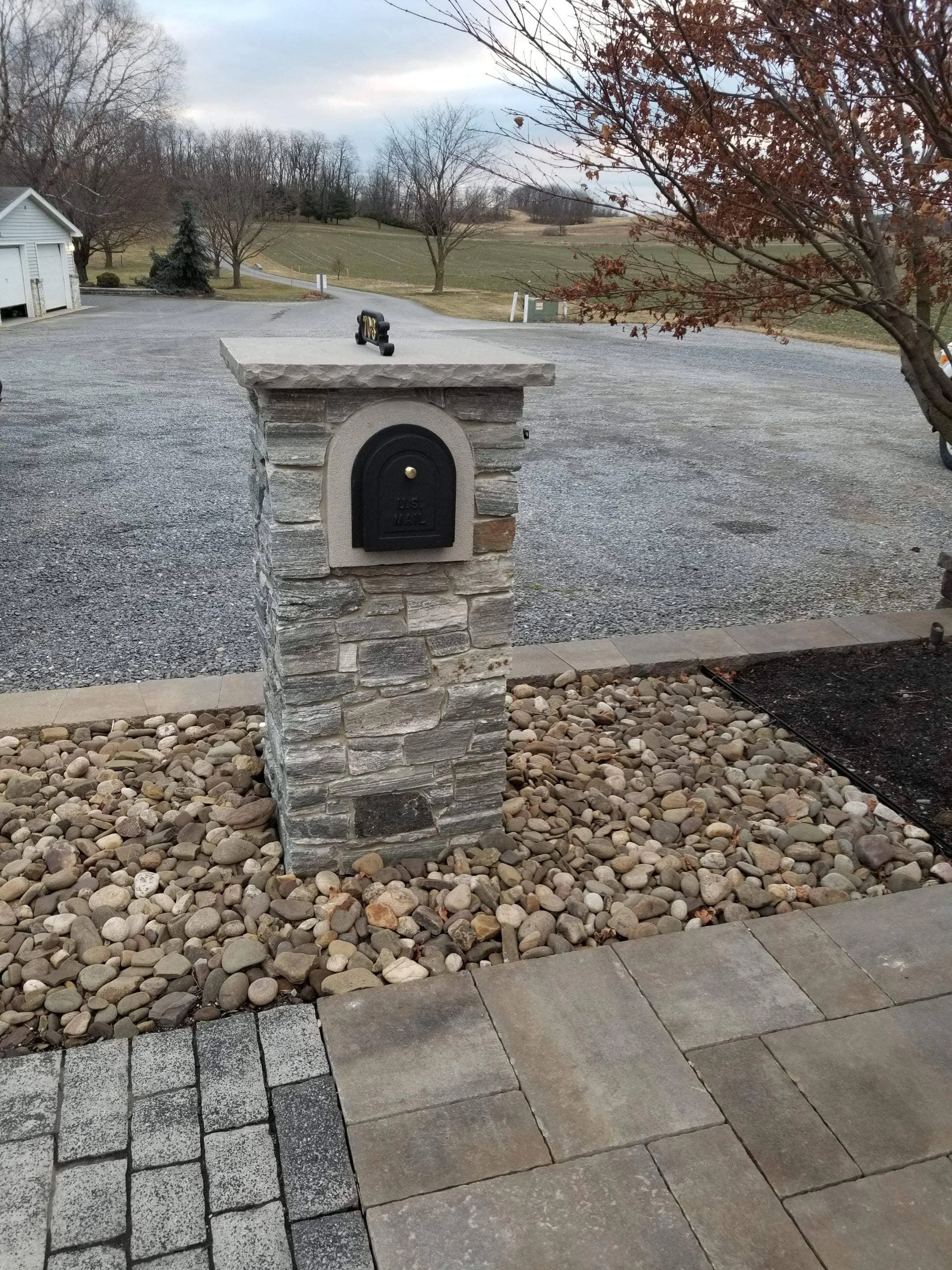 Stone mailbox in Camp Hill, PA with modern rectangular shape