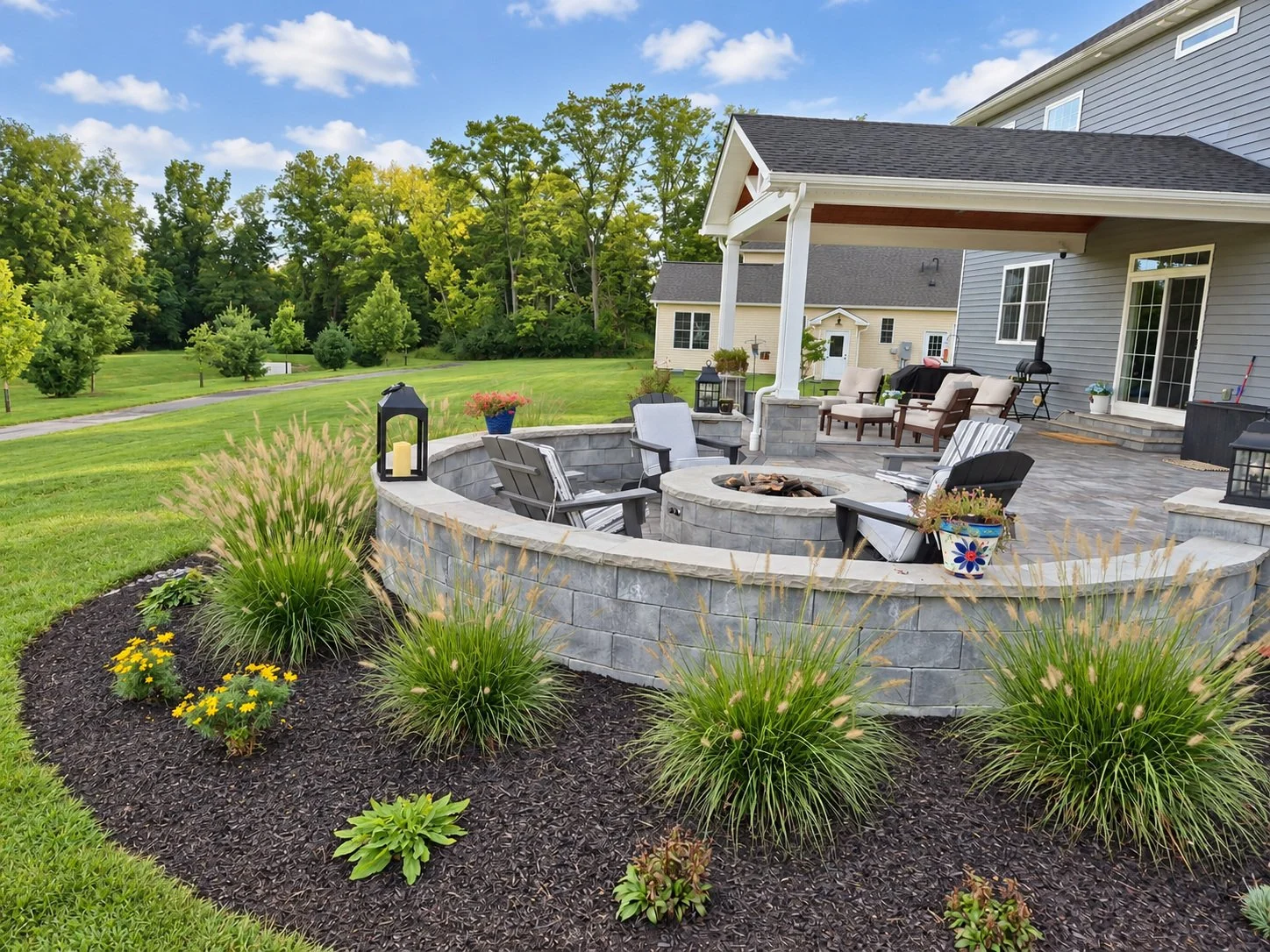 Backyard patio with fire pit and outdoor pavilion