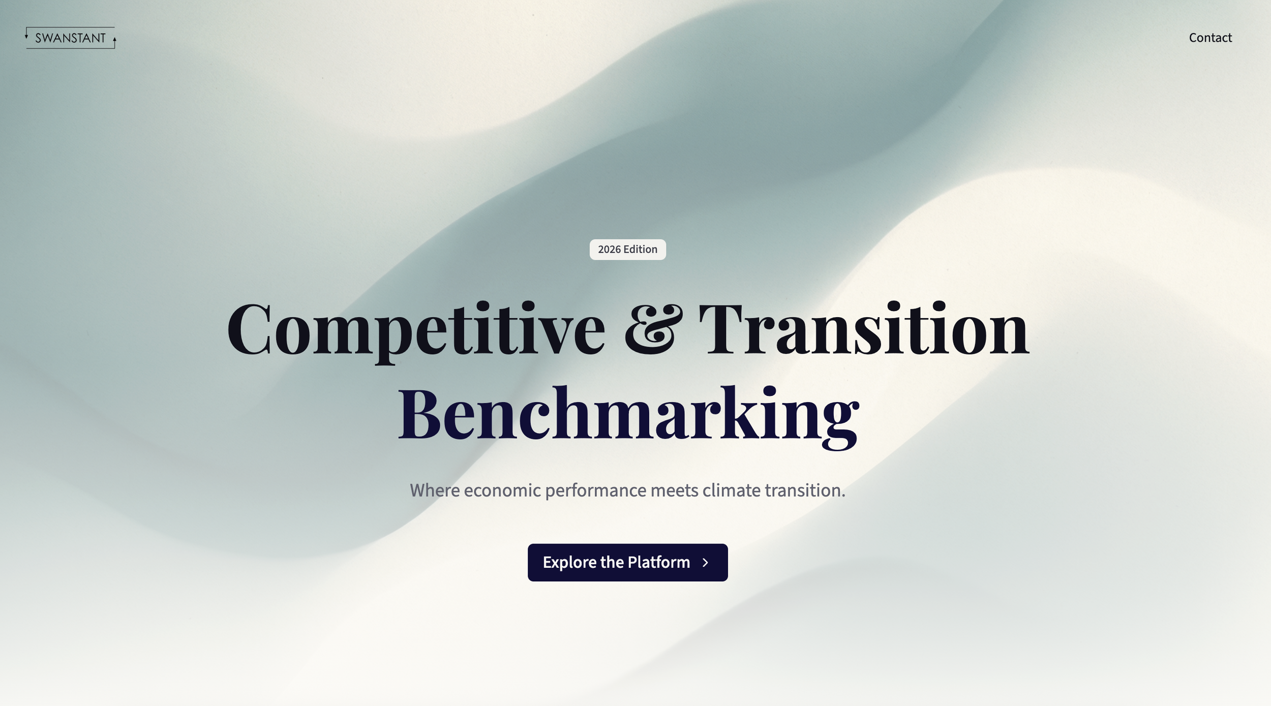 Website homepage for 'Competitive & Transition Benchmarking', 2026 edition, with a soft abstract background, a navigation link to 'Contact' in the top right corner, a link to 'SWANSTANT' in the top left corner, and a central call-to-action button labeled 'Explore the Platform.'